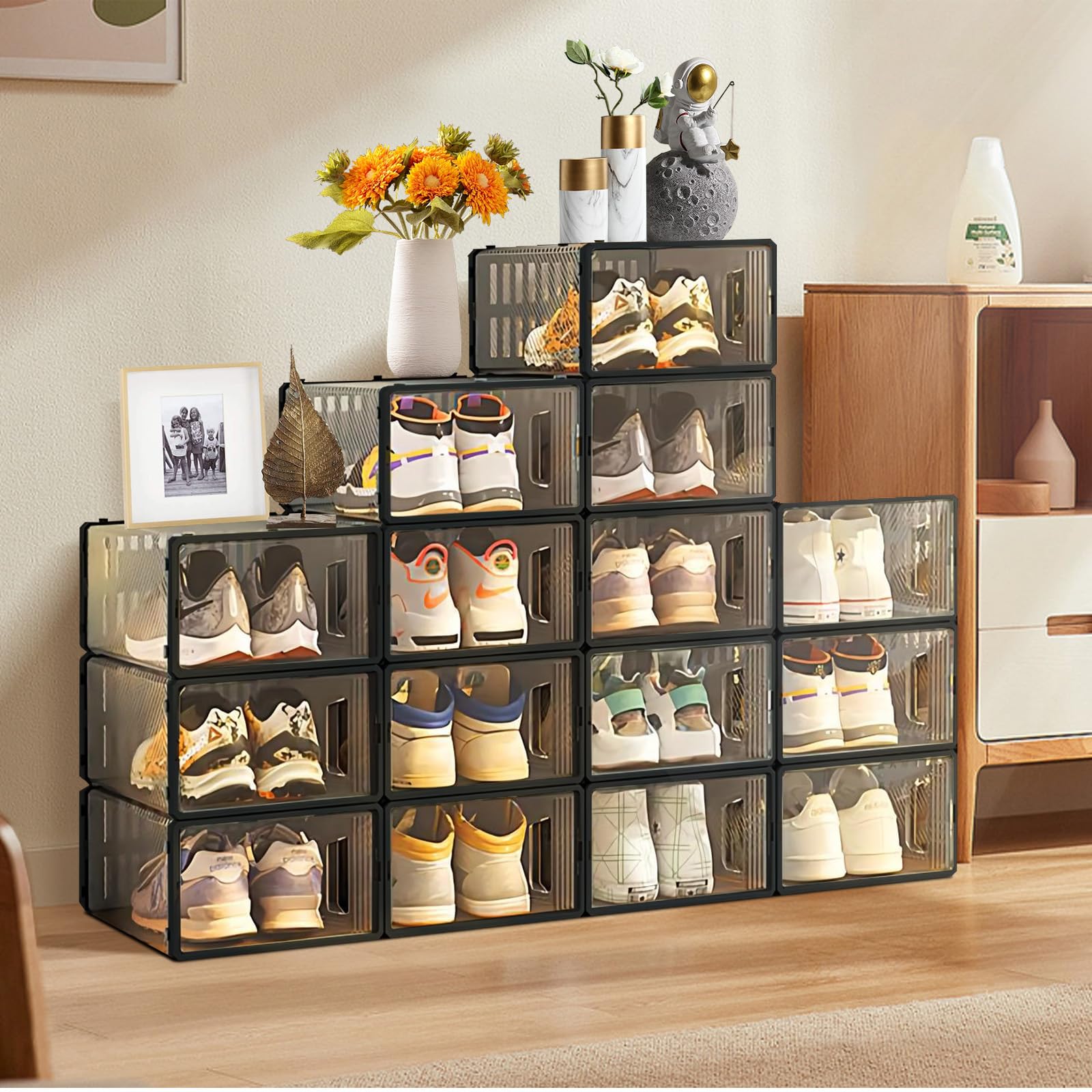 Shoe Storage Box 15 Pack Large Clear Plastic Black Stackable