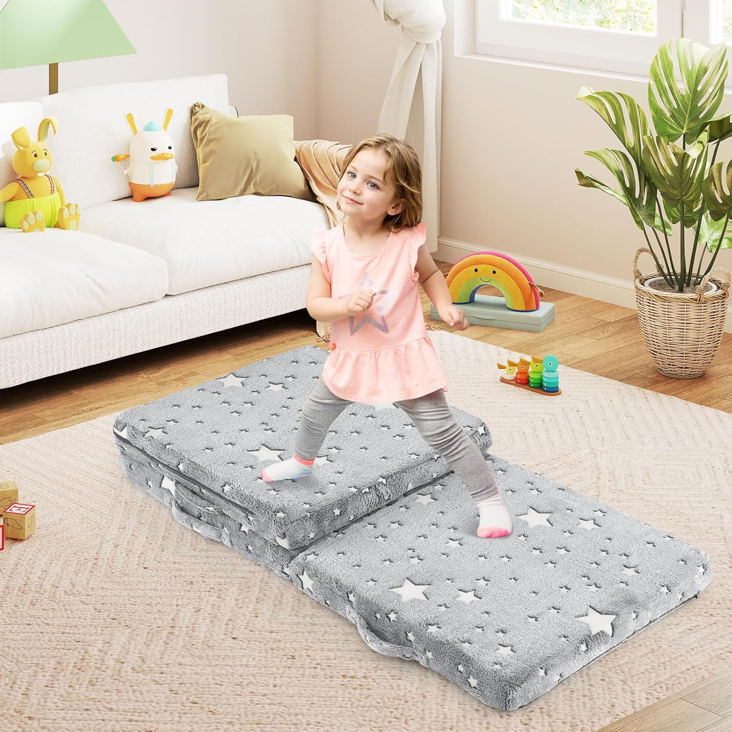 Costzon Foldable Floor Mattress for Kids, Glow in The Dark Toddler Floor Nap Mat w/Washable Flannel Cover, Tri-Folding Children Floor Bed for Sleeping Daycare Playroom, School, Kindergarten or Nursery