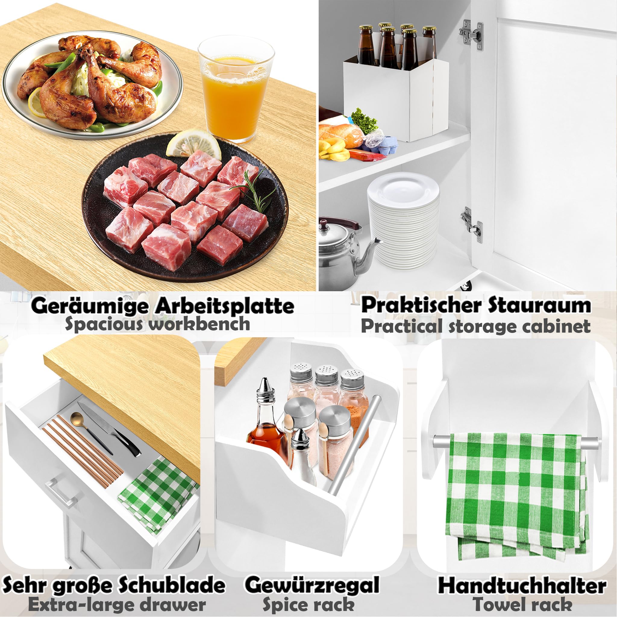 ACXIN Chariot de cuisine sur roulettes avec tiroirs et porte d'armoire, îlot de cuisine avec plan de travail, chariot de service pour cuisine, salle à manger, 115 x 36 x 90 cm, blanc