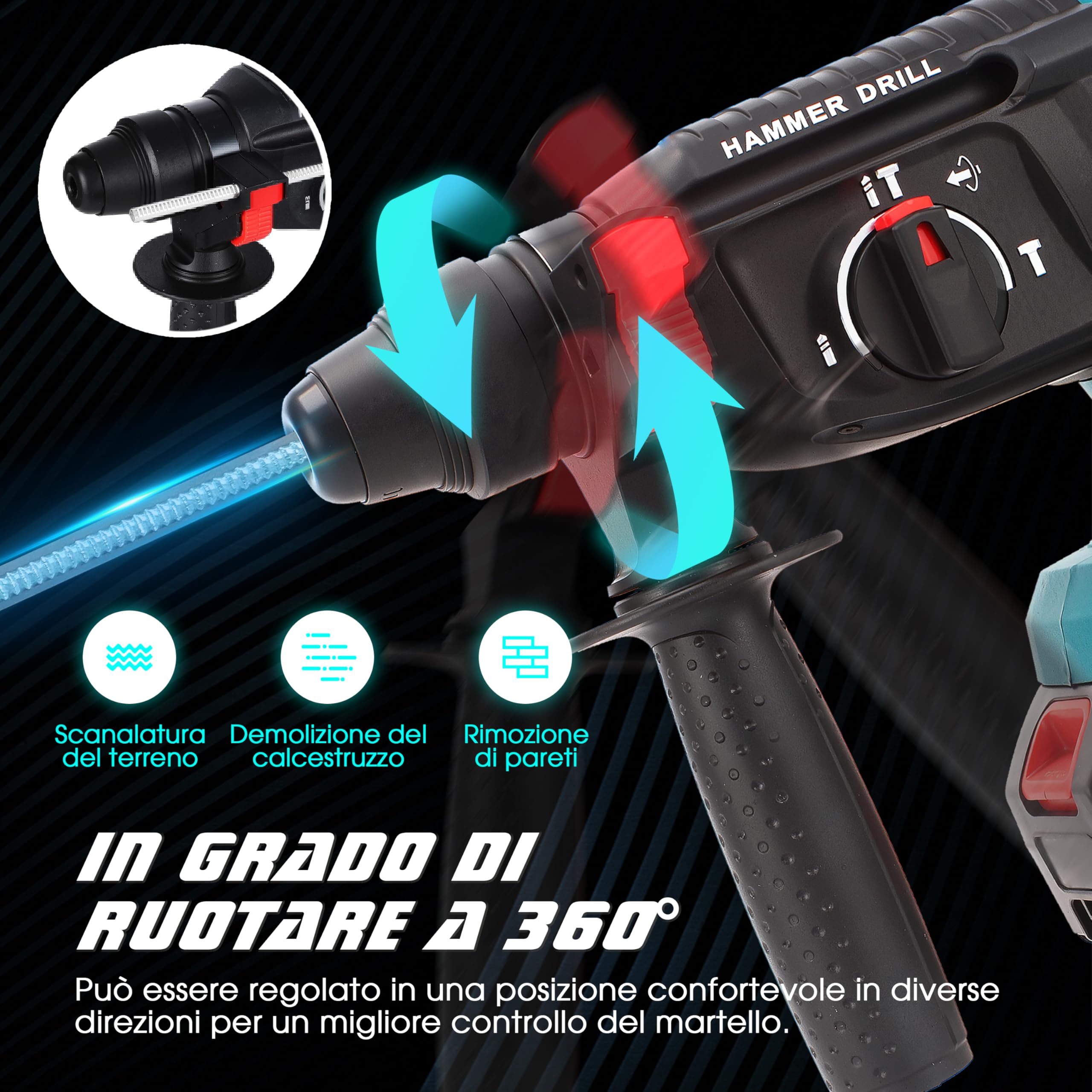 Martello Demolitore Senza Fili 21V, Tassellatore a Batteria con Motore Senza Spazzole, 3 Modalità, Fino a 32 mm, Velocità di 4000 BPM, Impugnatura Regolabile a 360° e Batteria Makita Compatibile