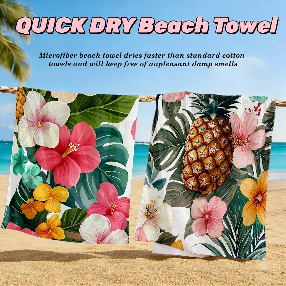 Ręcznik plażowy XXL, 100 x 200 cm, zestaw 2 szt., z mikrofibry, ręcznik plażowy w kwiaty, szybkoschnący, ręcznik do sauny, ręcznik fitness, ręcznik plażowy, do sauny, duży ręcznik kąpielowy, prezent