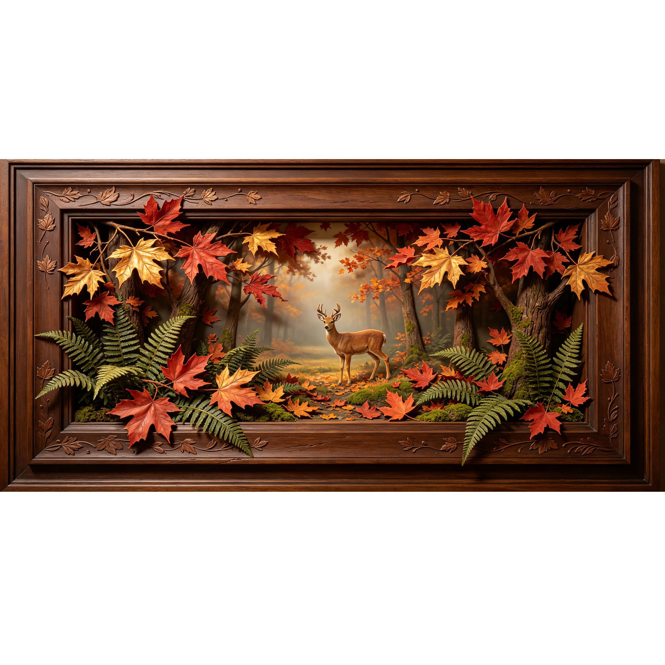 Agglomerix 3D Framed Wall Art Deer in Autumn Forest Botanical Textured Woodland Landscape Large Size Self-Adhesive Removable Wall Decor Prints Artwork for Living Room Bedroom Office