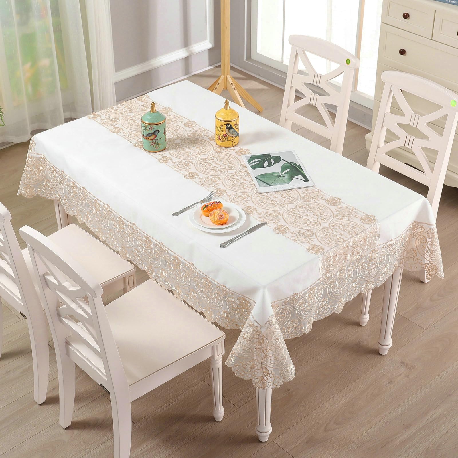 Tovaglia Rettangolare, Tovaglia Lavabile 90x220 cm Fiore Ricamo