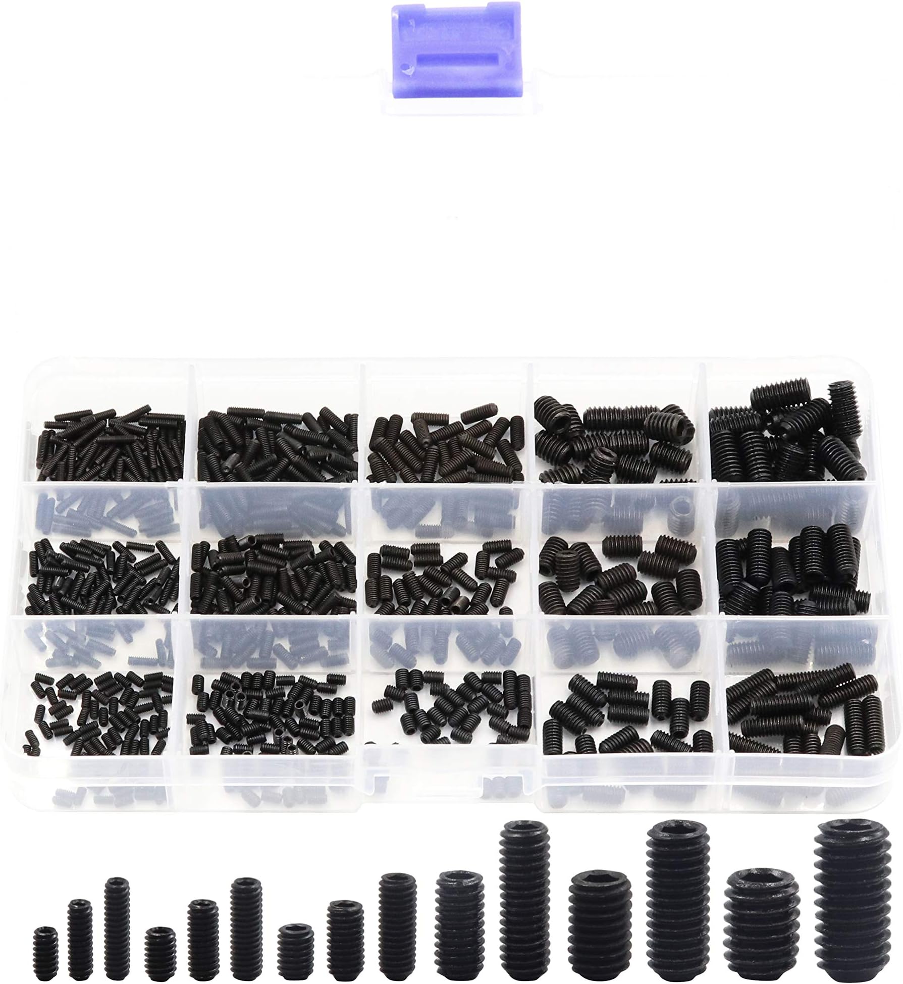LBY 720pcs M2 M2.5 M3 M4 M5 M6 Internal Hex Drive Cup-Point Set Screws,Socket Head Cap Screws Grub Screws Assortment Kit 15 Sizes,Carbon Steel Black