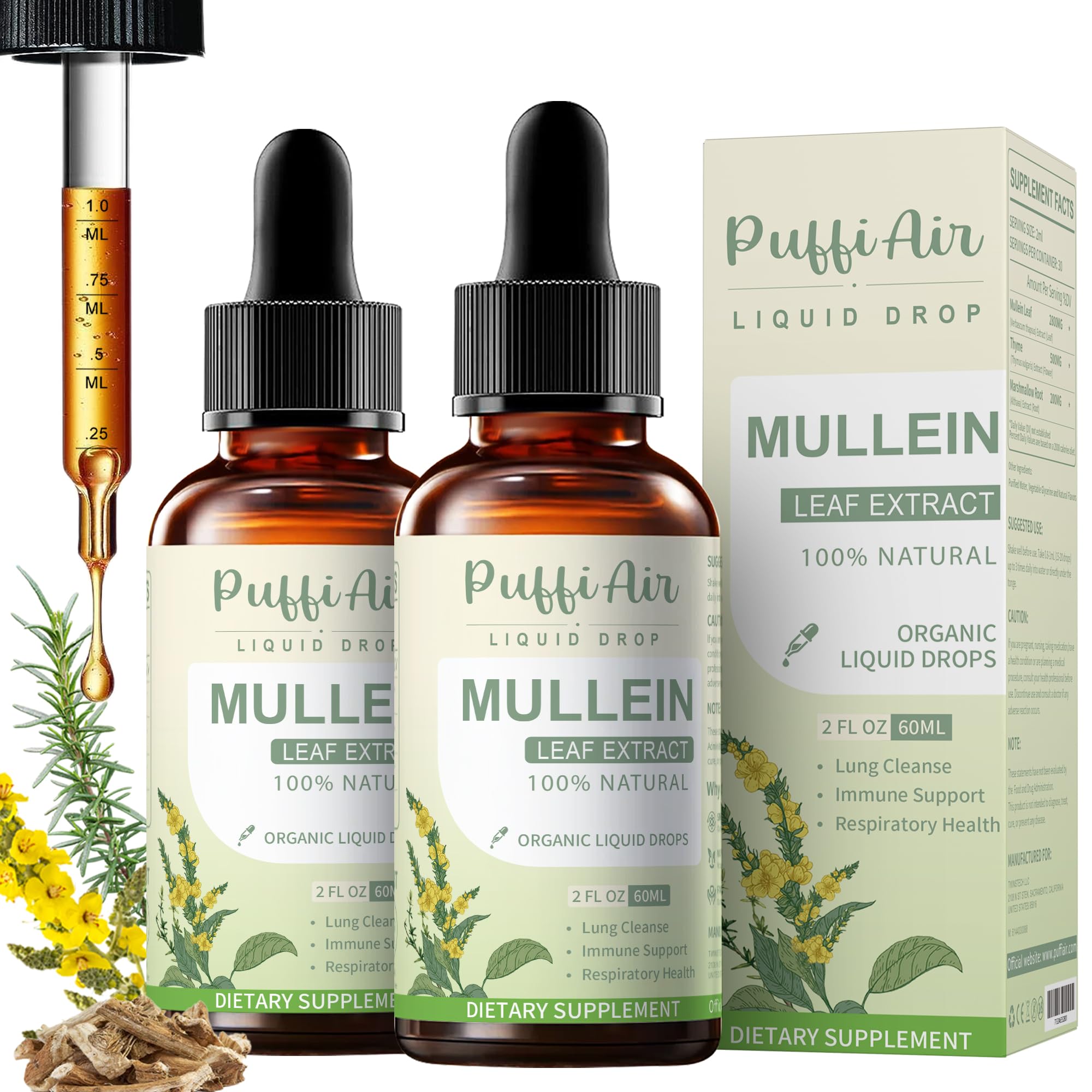 Mullein Drops for Lungs with Mullein Leaf Thyme & Marshmallow Root丨Lungs Cleanser for Smokers Respiratory & Immune Support丨 Natural Vegan Non-GMO 60ml 2fl oz