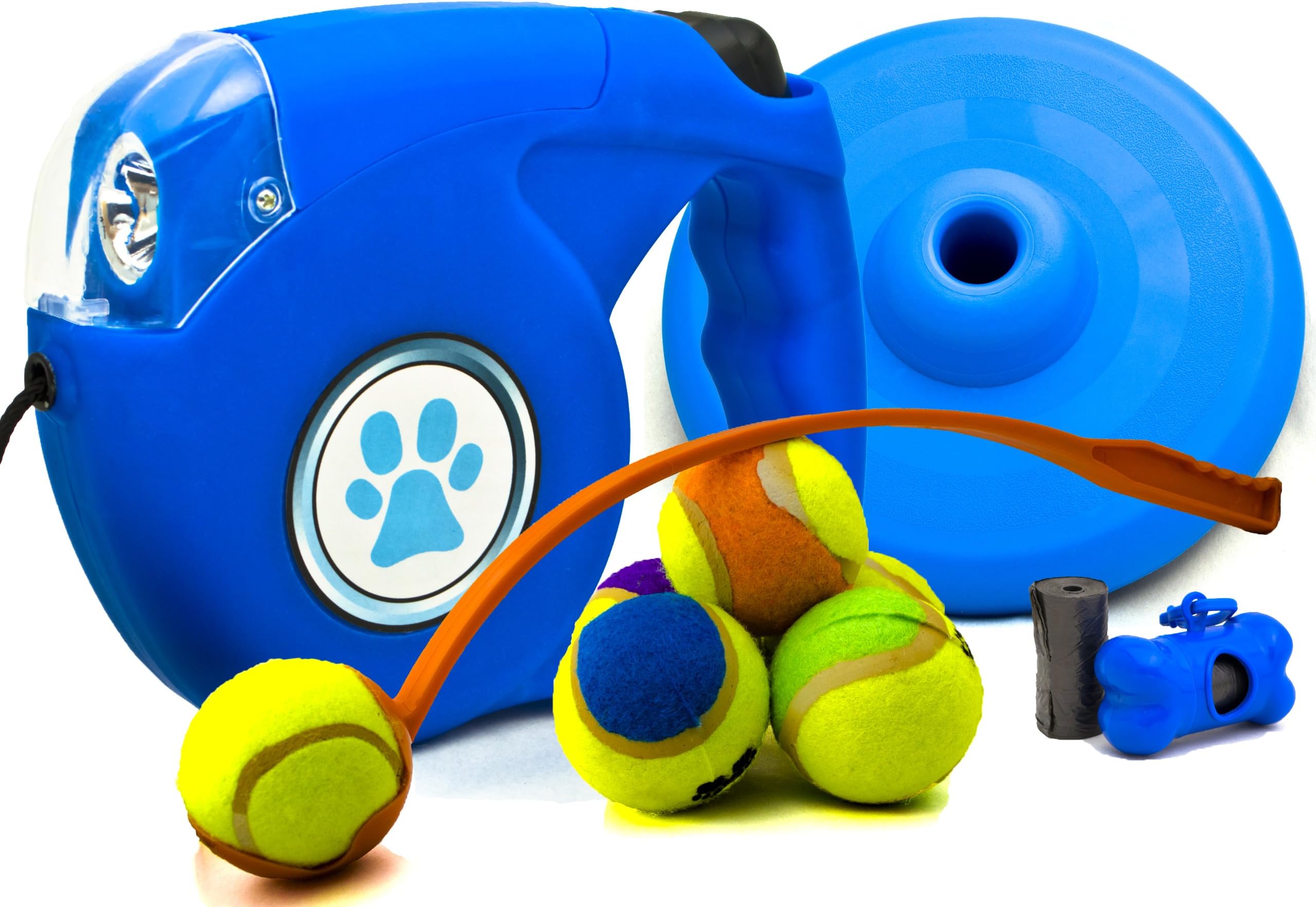 Ultimate Park Toy Value Pack Featuring a Retractable Dog Leash with Light, Play Fetch with Ball Thrower Launcher, Includes 6 Tennis Balls and a Frisbee! Plus Puppy Waste Bag Dispenser Accessories with 2 Rolls of Bags. Great Gift Idea.(Leash is Blue. Assorted Colors for Other Parts)