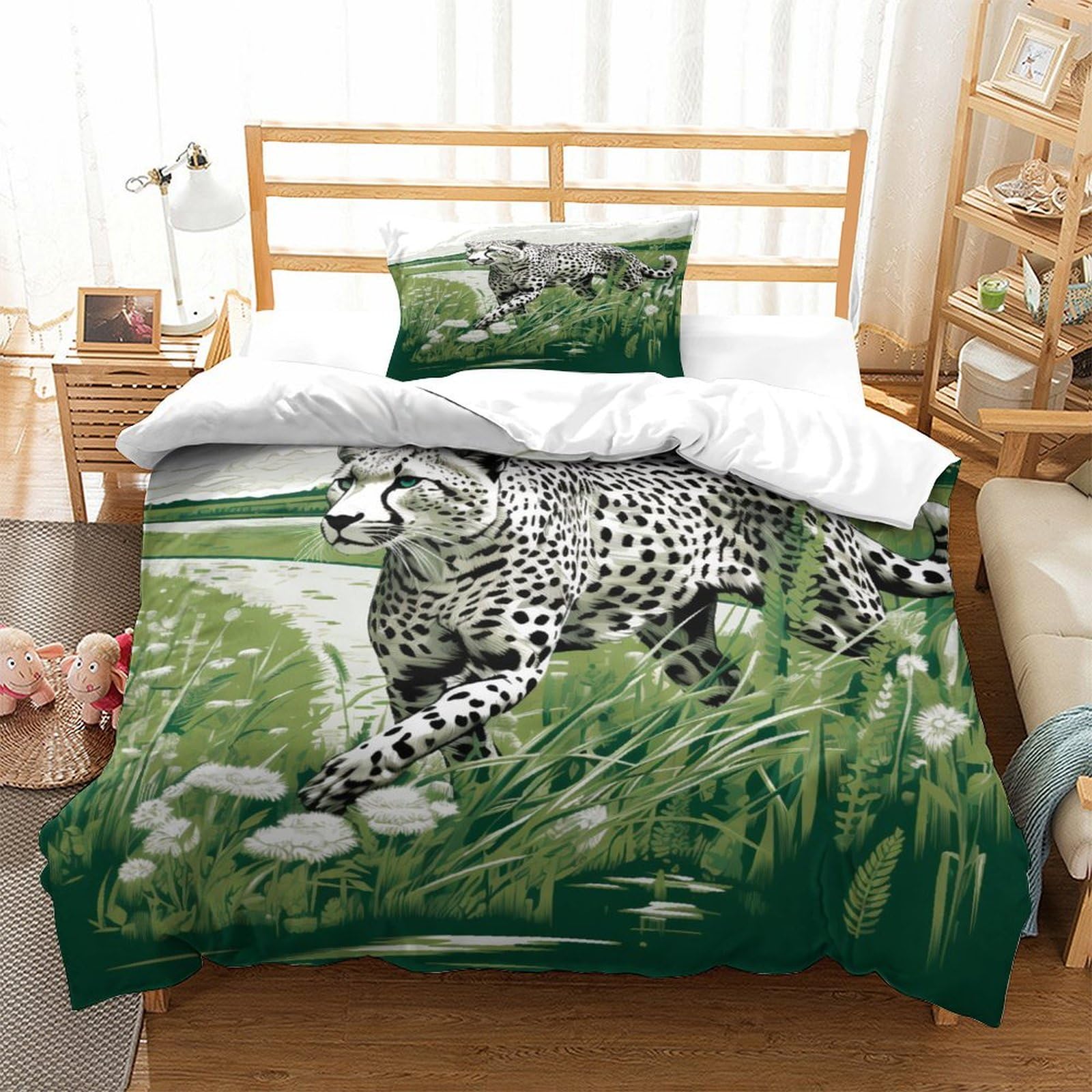 P1S9U7W5Y Jungle Leaves 3D Printed Cheetah Duvet Cover Set 3pcs Microfiber Wildlife Bedding Set Single