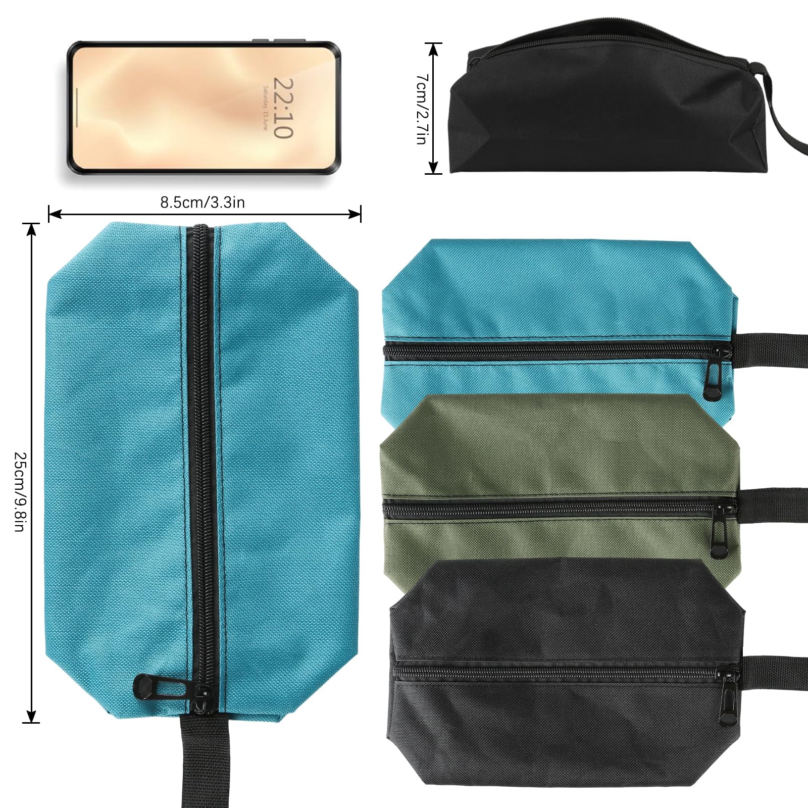 3 pezzi borsa porta attrezzi portatile piccola in tessuto Oxford 600D impermeabile con chiusura lampo, borsa per attrezzi multiuso resistente all'usura in tela (nero/blu/verde)