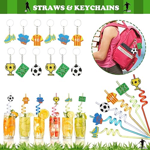 Miniatura 6 de Recuerdos de fiesta de fútbol para niños, juguete deportivo de fútbol verde, regalo de fiesta de cumpleaños, bolsa de papel, silbato, pajilla,