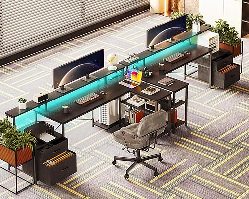 Miniatura 7 de ODK Escritorio en forma de L con cajón de archivos, escritorio reversible en forma de L de 75 pulgadas con toma de corriente y tira LED, escritorio