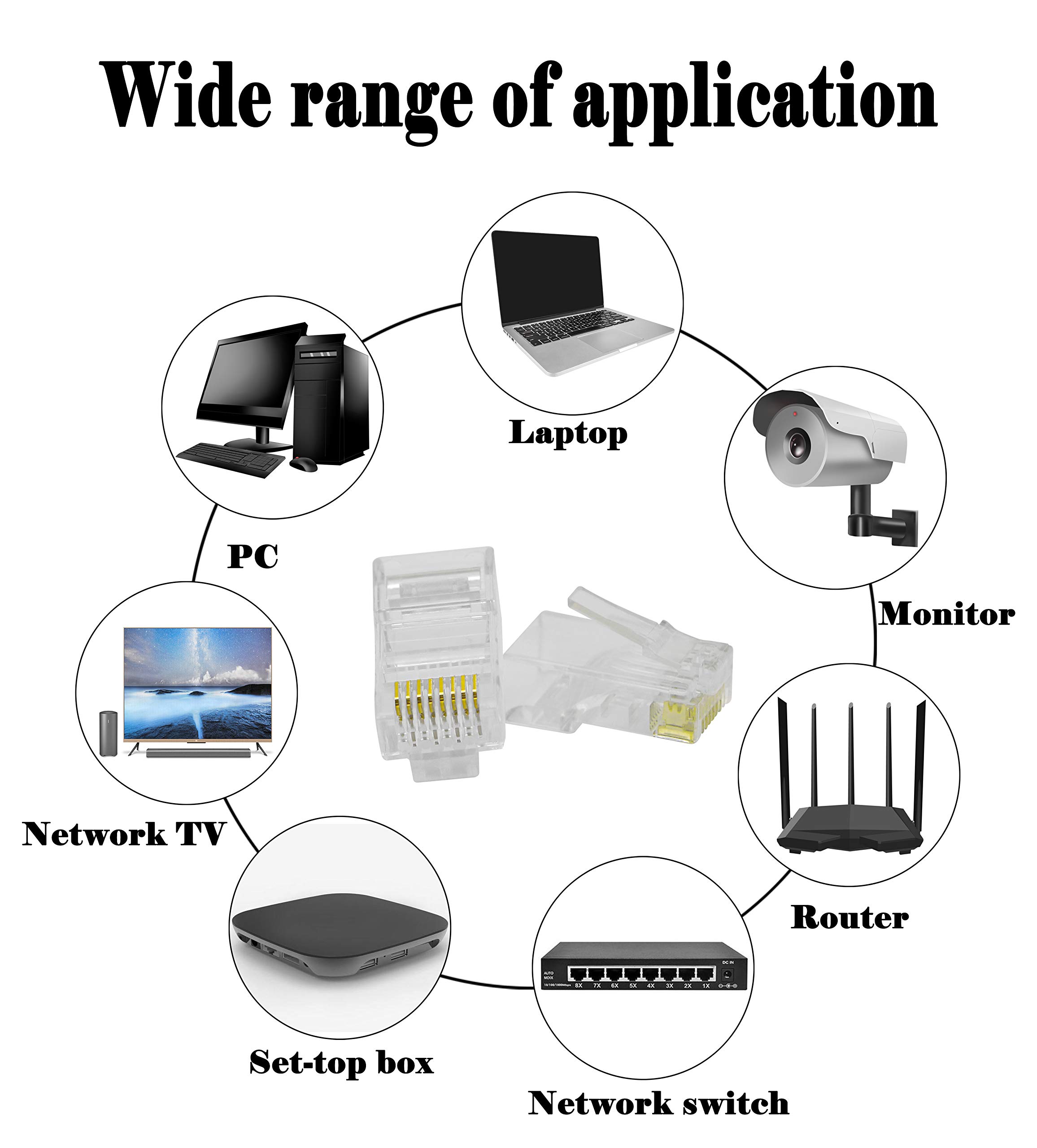 Lot de 100 fiches modulaires RJ45 CAT6 à sertir 8P8C - Connecteurs RJ45 22-26 AWG pour câble torsadé CAT5, CAT5E, CAT6 UTP
