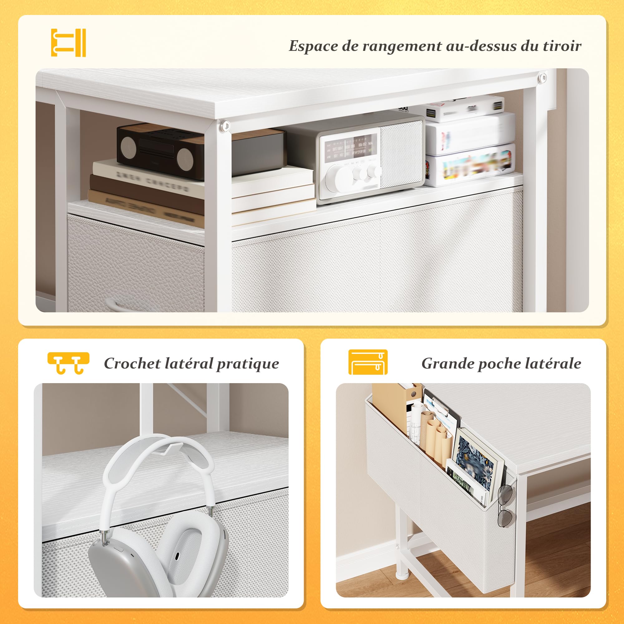 120x48 cm Rectangulaire Bureau pour Étudiant, Homeoffice,Gaming | Ergonomique Bureau avec Rangement 2 Tiroirs, 1 Rangement Suspendu, Support de moniteu, 3 Hauteur réglable, Crochet, Blanc