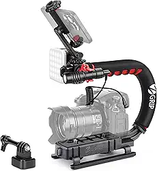 Zeadio Estabilizador de câmera, estabilizador portátil de alça com luz de vídeo LED e microfone, serve para todas as câmeras de vídeo, câmera, DSLR, câmera de ação e todos os smartphones