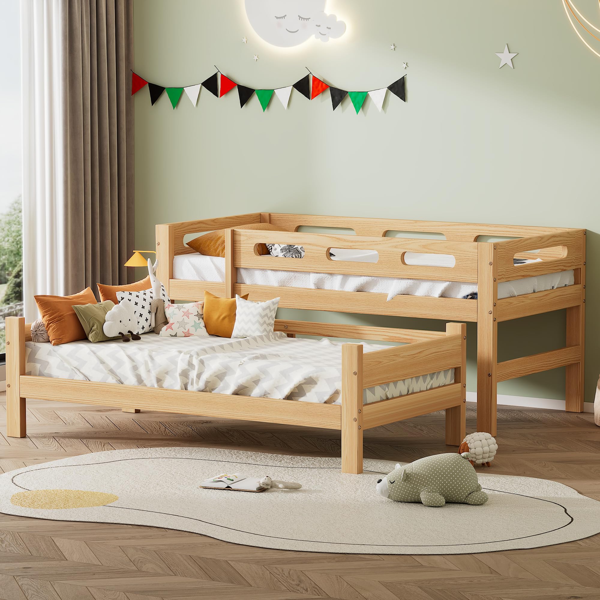 Kinderbett Etagenbett 90x200 cm für 2 Kinder, Hochbett Hausbett mit Leiter, Rausfallschutz und Lattenrost, umwandelbar in 2 Einzelbetten, Stockbett Jugendbett Holzbett Bettgestell, Kiefernholz, Natur