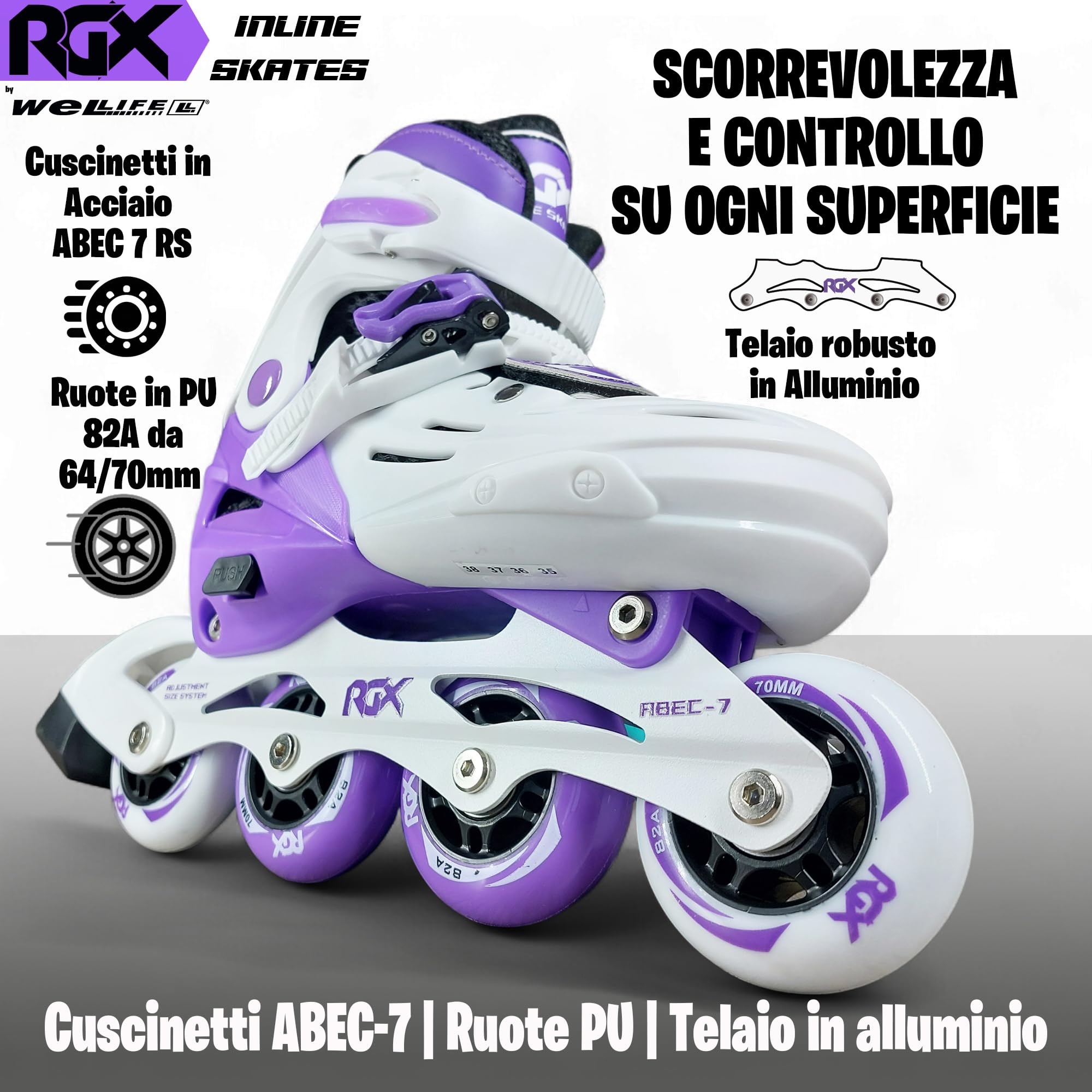 WeLLIFE RGX Line Pattini in Linea Bambina e Bambino Regolabili 4 Misure, Doppia Configurazione Ruote, Guscio Rigido, Piastra Alluminio, Cuscinetti ABEC-7