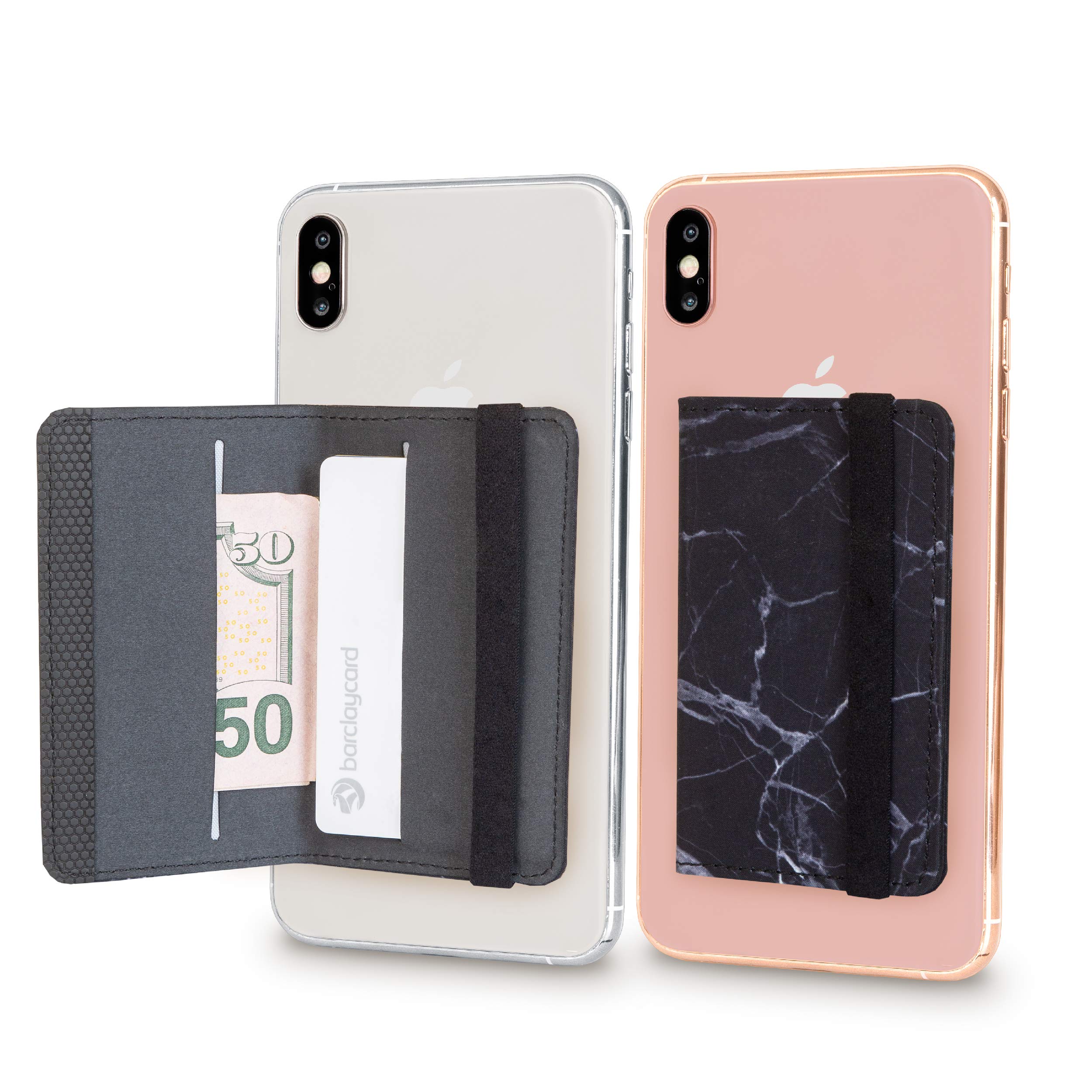 Cell Phone Card Holder Stick on Wallet Phone Pocket for iPhone, Android and All Smartphones with Strap (Black Marble Belt)