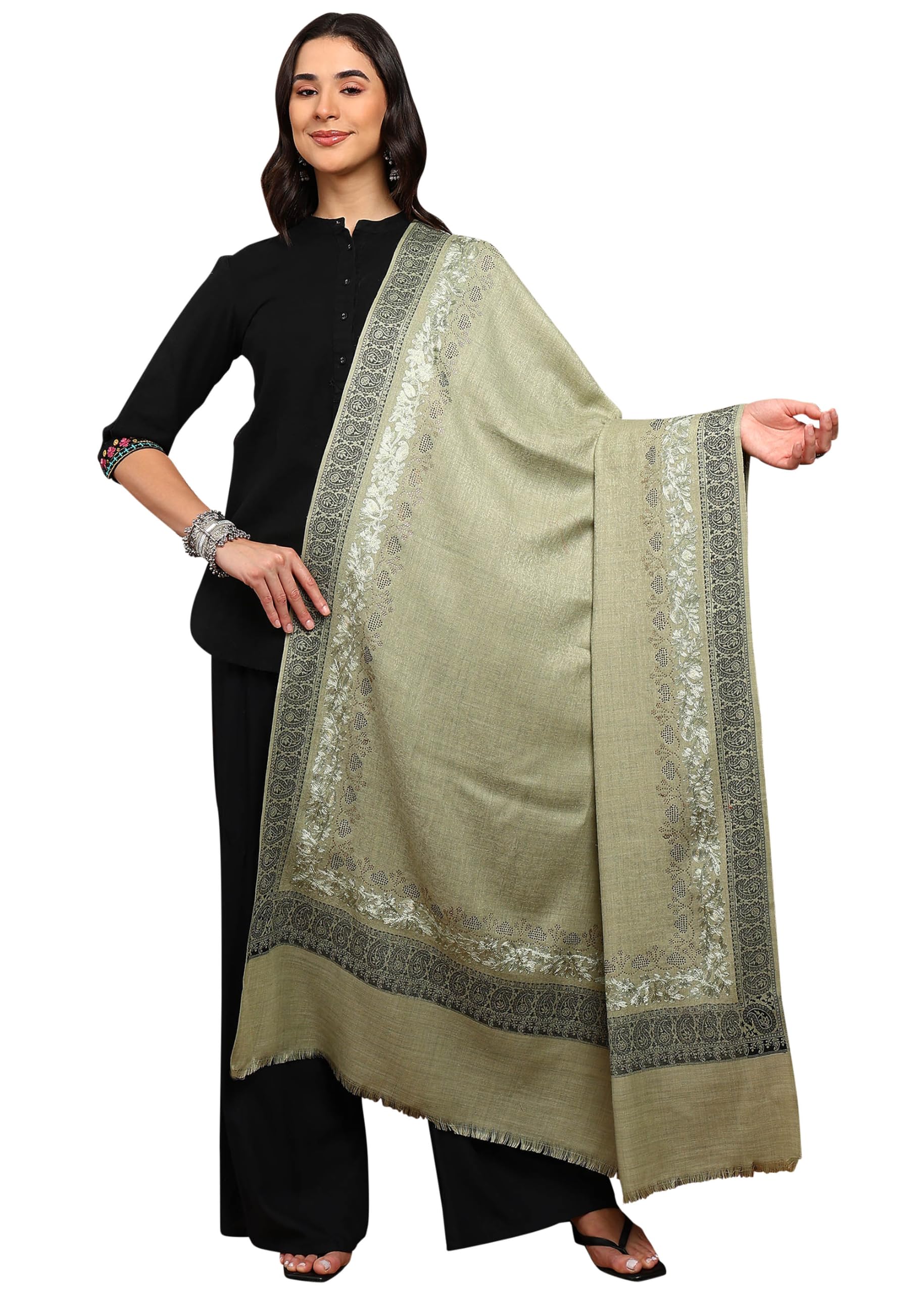 Women's Wool Kani Shawl, Green Geometric Pattern with Embroidery and Swarovski Embellishments-image-43