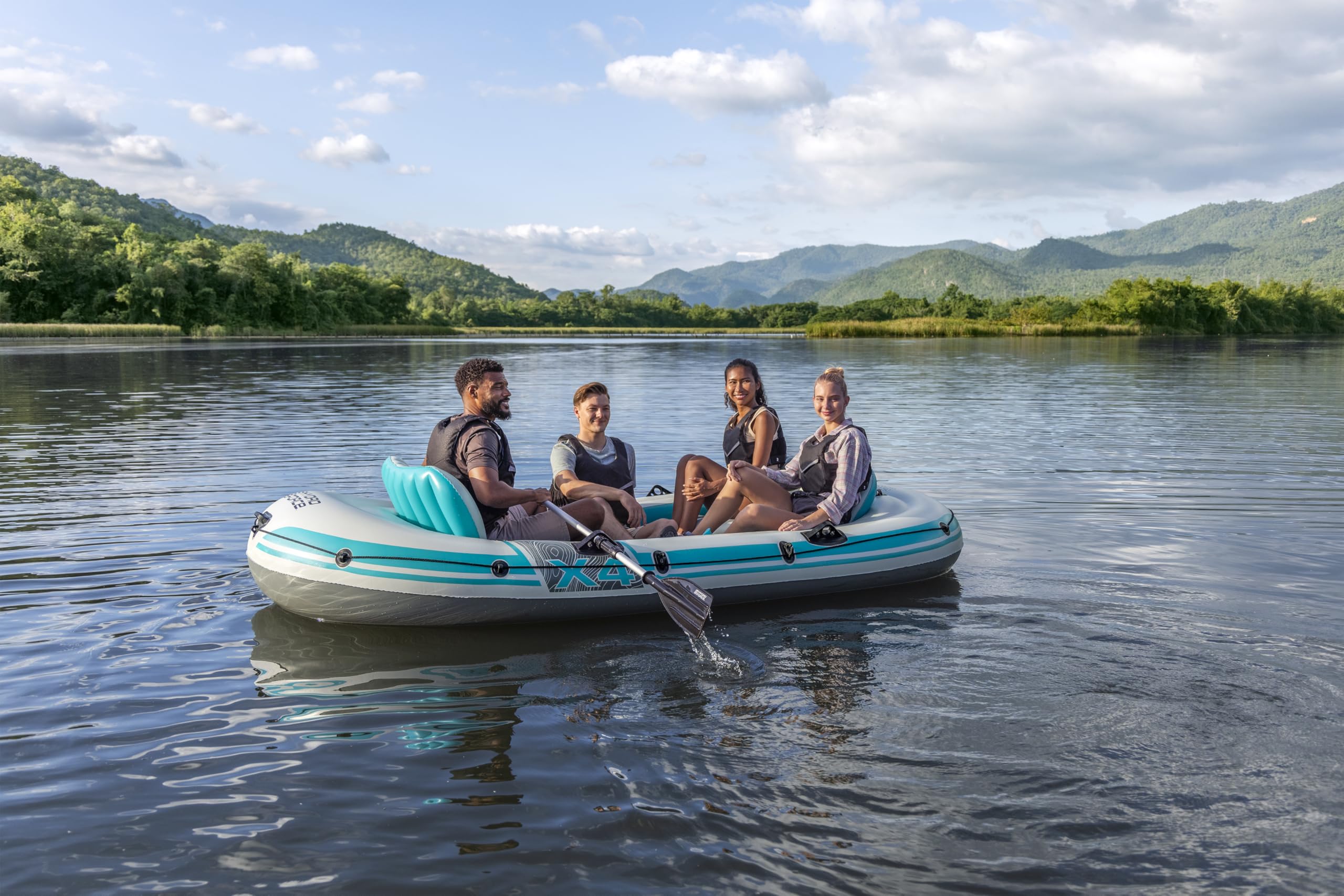 Bestway Hydro Force Schlauchboot-Set Adventure Elite X4, 315 x 165 x 41,5 cm, 4 Personen, 500 kg Belastbarkeit, 3 Luftkammern, Angelrutenhalterungen, aufblasbare Sitze, Ruder, Handpumpe, Tragetasche