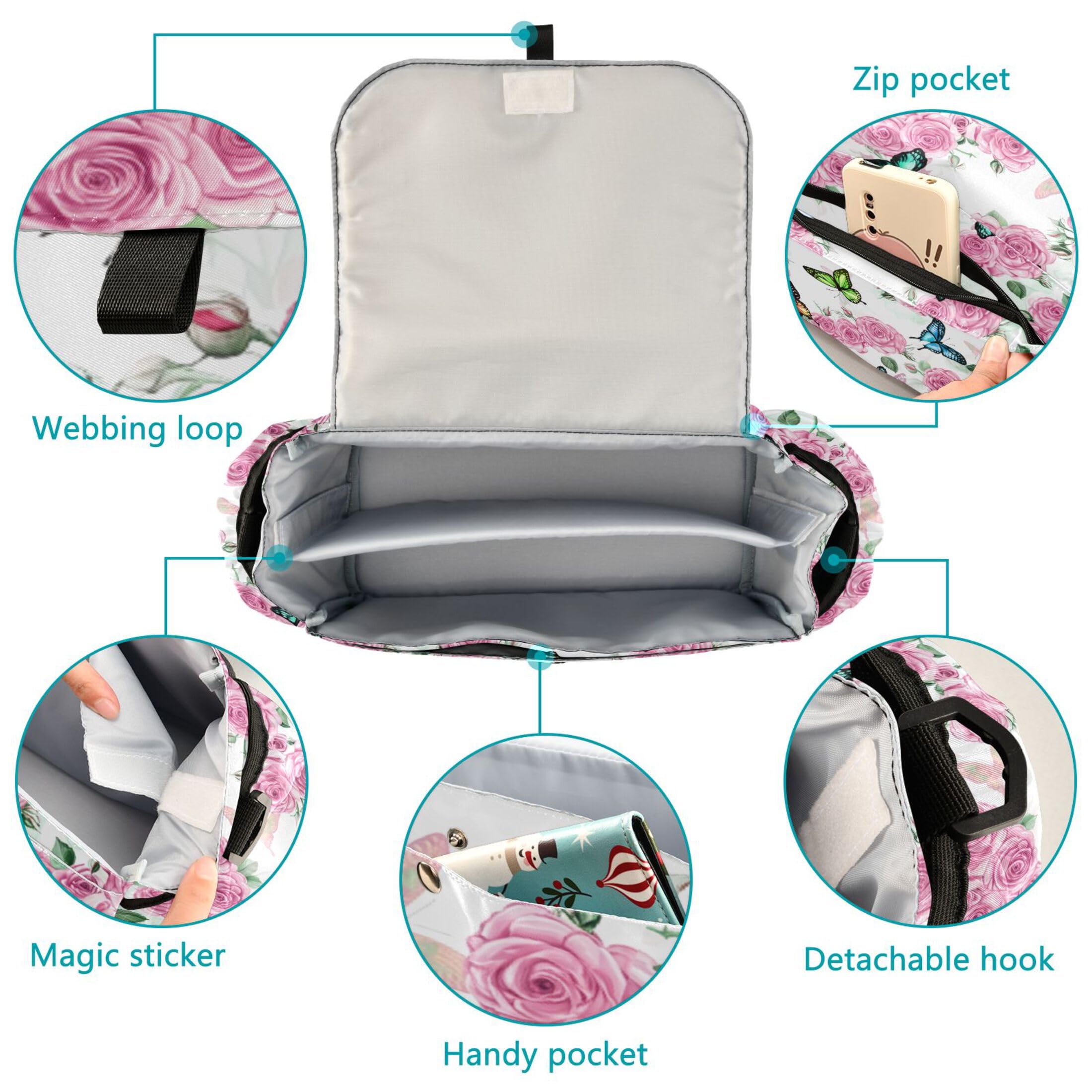 Burbuja Roses Butterflies Stroller Organizer with Insulated Cup Holders, Non-Slip Stroller Caddy Universal Fits Most Strollers, Nursery Accessories