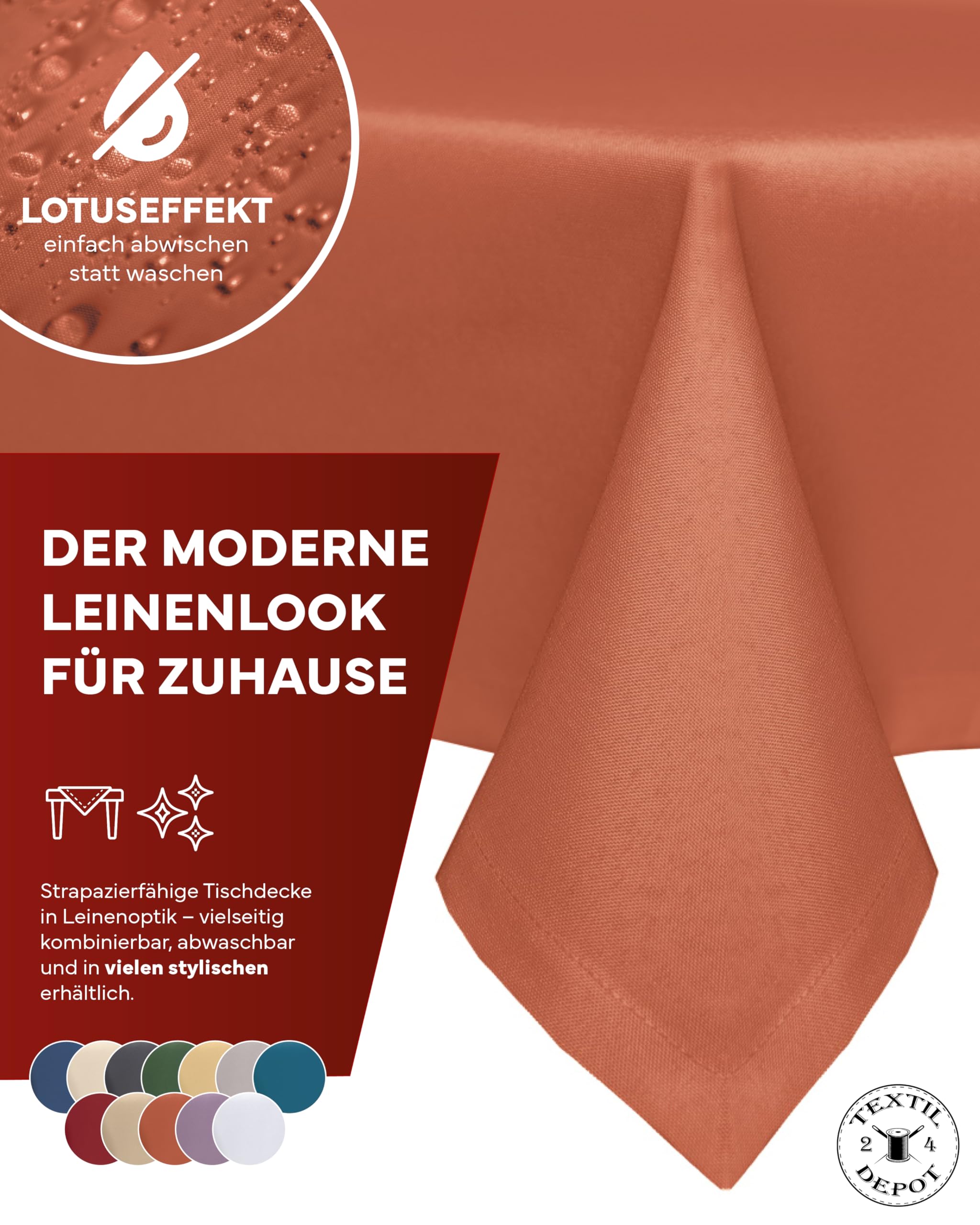 Nappe de Table de Jardin Aspect Lin Effet Lotus Tissu Anti-Taches Infroissable (220 cm Rond, Terre Cuite)
