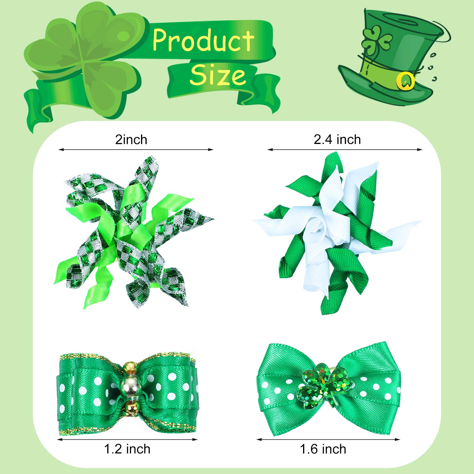 Weewooday 16 Pieces St. Patrick's Day Dog Hair Bows Dog Curve Bows Mixed Styles Pet Cat Puppy Green Clover Hair Bows with Rubber Bands Grooming Accessories