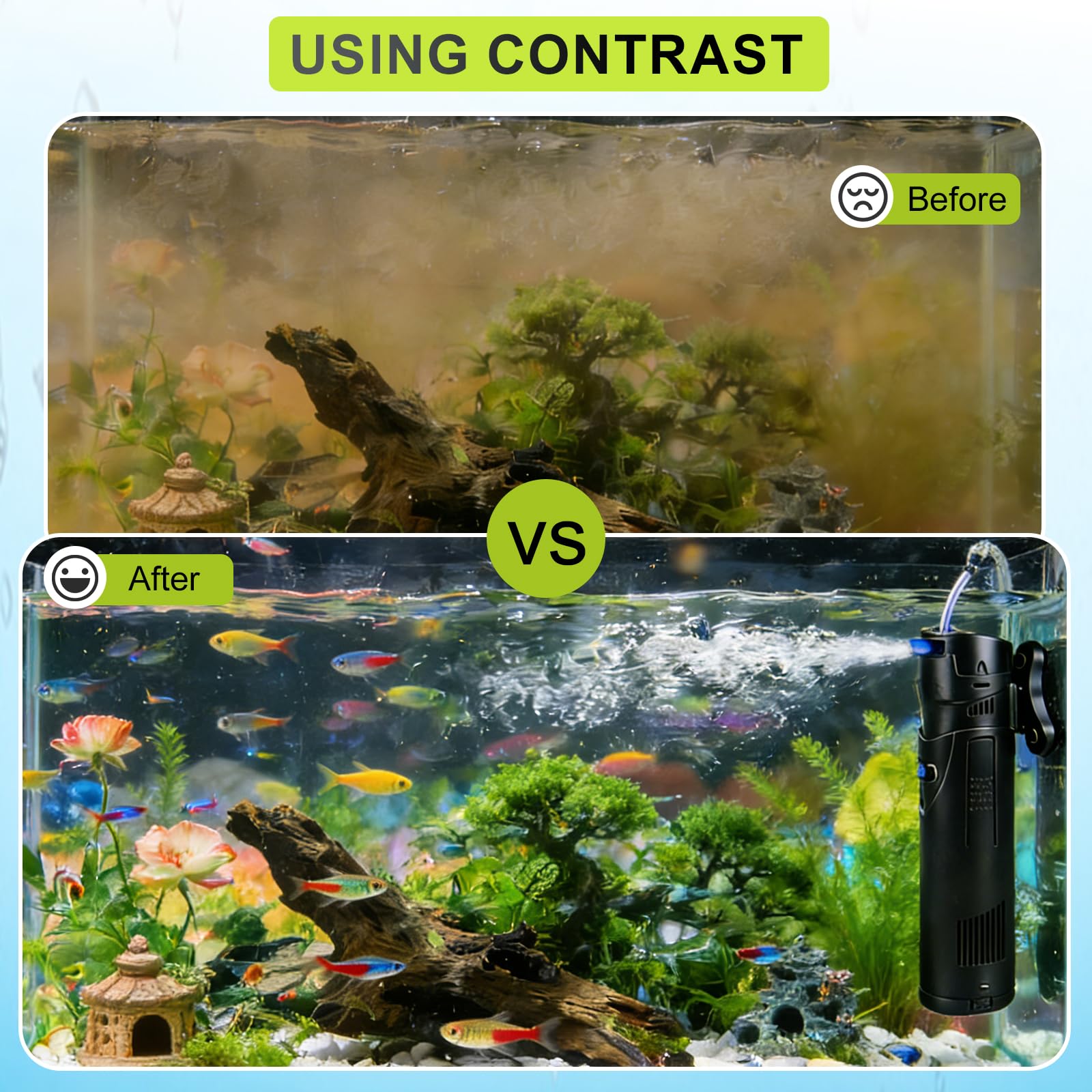 EXLECO Filtro Interno Acquario 4 in 1 con Lampada UVC da 7W, Aeratore 700 L/h 18W, Include Pompa Acqua, Skimmer e Materiale, Ossigenatore per Tartarughiera per Tartarughe d'Acqua 150-300 Litri