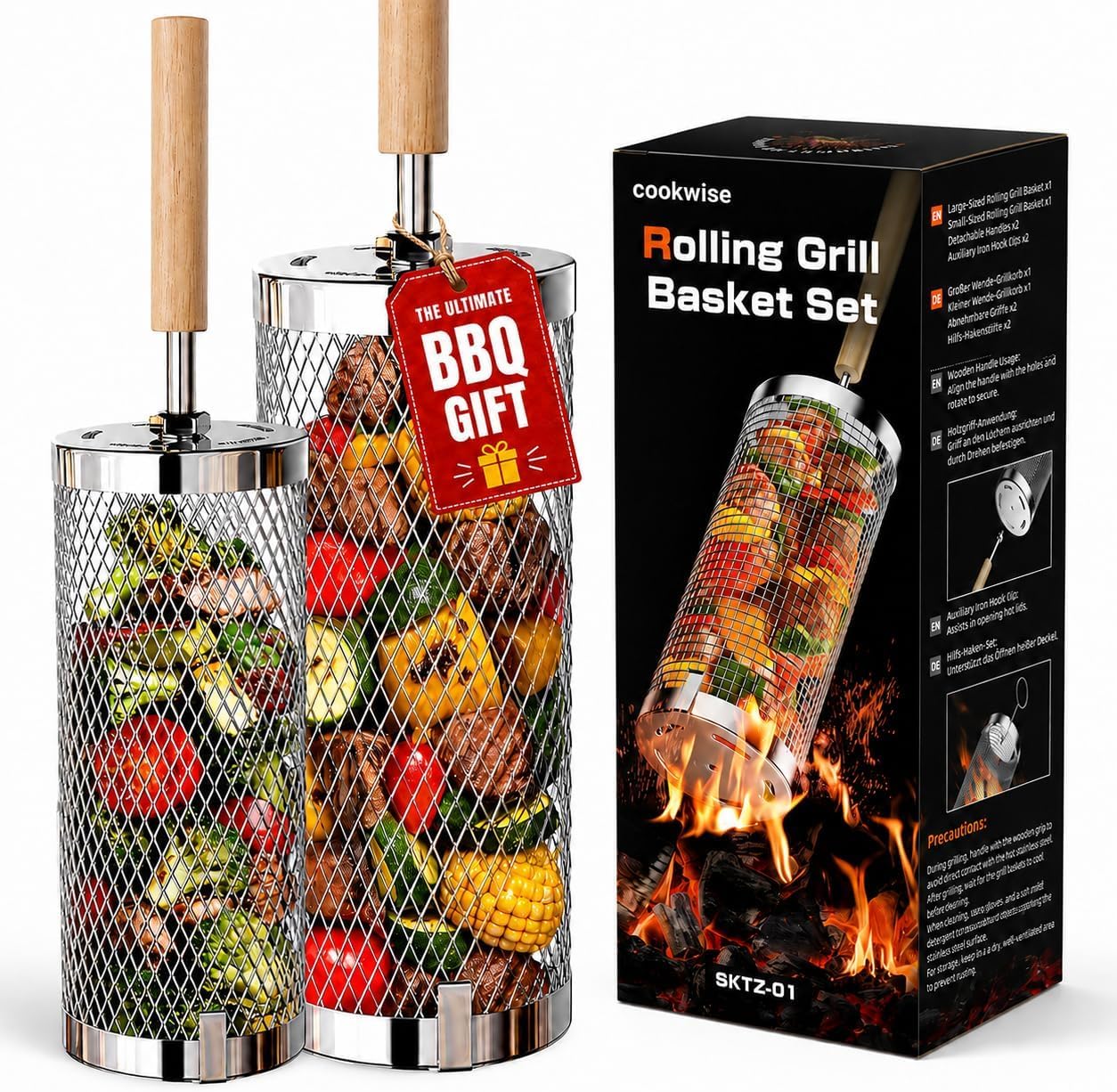 Rollendes Grillkorb Set Edelstahl 304Nestbar Grillzubehör mit Abnehmbarer Holzgriff, Perfektes Männer Geschenk für Vater Mutter Freund, Outdoor Küche Zubehör Grill Gemüse Meeresfrüchte Garten Camping