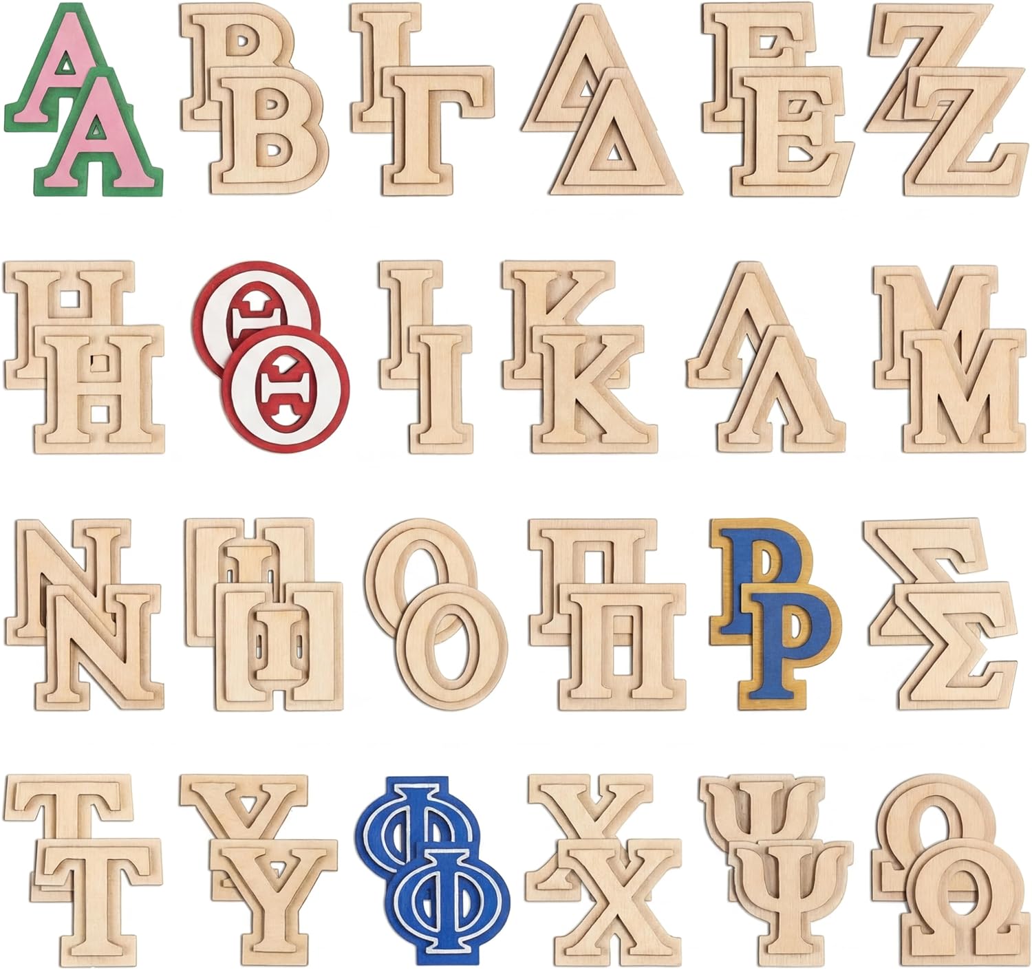 DoubleFill 48 Pcs Double Layer Wooden Greek Letters 2 Inch Unfinished Wood Greek Alphabets Letters Small Wooden Alphabet Pieces for Crafts Paddle DIY Painting Arts Project Home Wall Decor