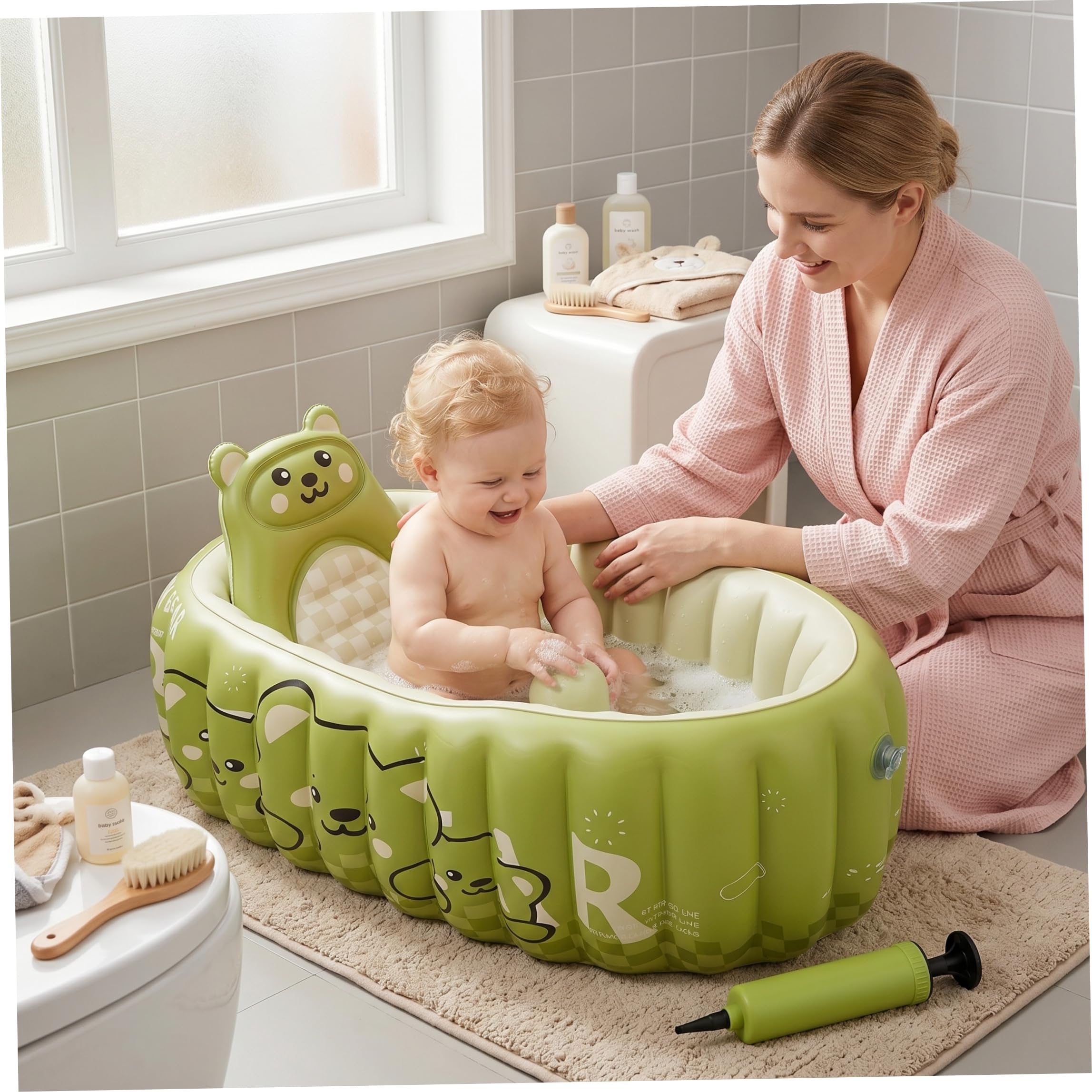 Aufblasbare Babybadewanne, tragbare Kleinkindwanne mit Handpumpe – sicherer Halt für Neugeborene. Grüne Badematte im Lieferumfang enthalten
