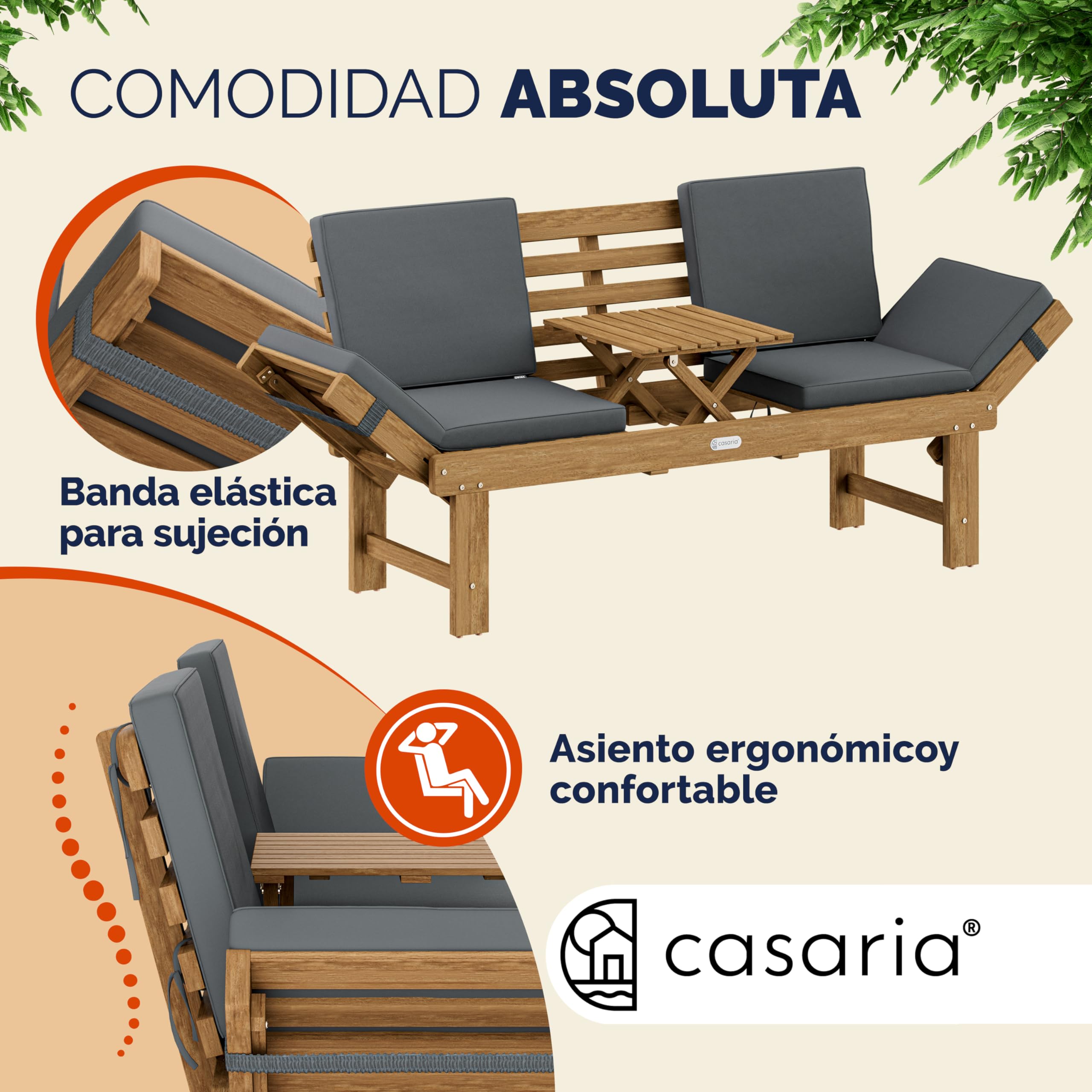 CASARIA Banco de Jardín Plegable con Mesa 200x50cm Madera de Acacia | Certificación FSC, Carga hasta 320Kg, Tumbona 200cm, Incluye Cojines, Mesa desplegable, Patio, Terraza, Resistente, Robusto