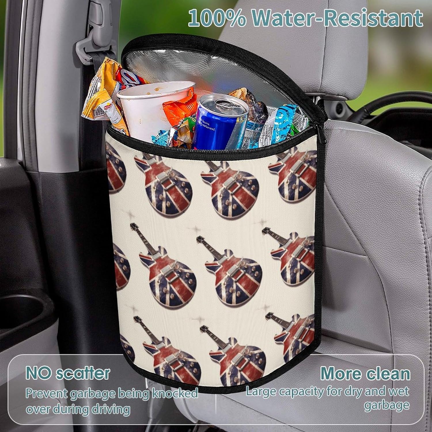 Hanging Car Trash Bag Guitar British Flag Printed Car Garbage Storage Bag Leakproof Car Trash Can Portable Garbage Storage Bags