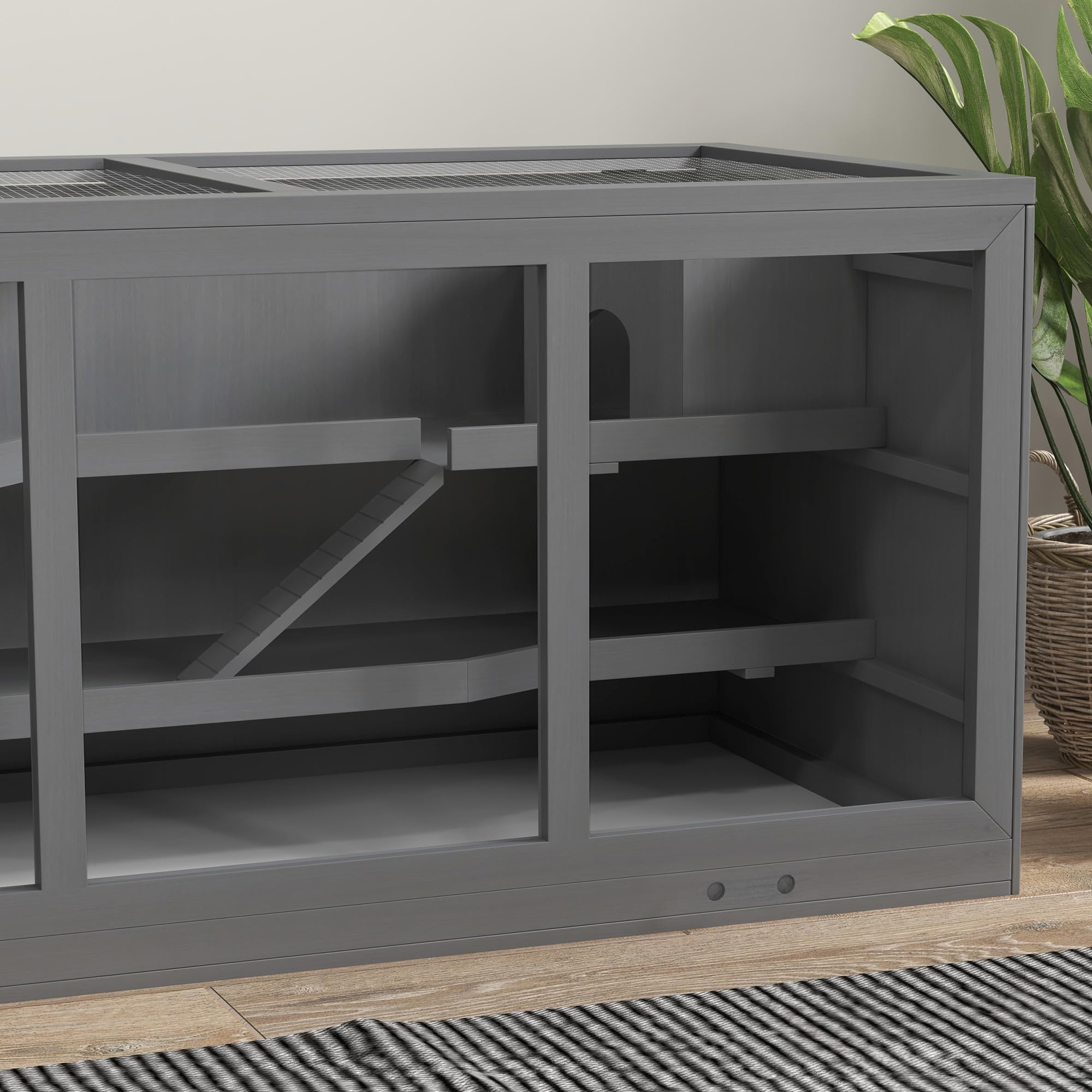 PawHut Jaula de madera para hámster de 3 niveles, con bandeja limpiable, jaula para animales pequeños, con tapa plegable, para hámsters enanos, 115 x 57 x 55 cm, gris
