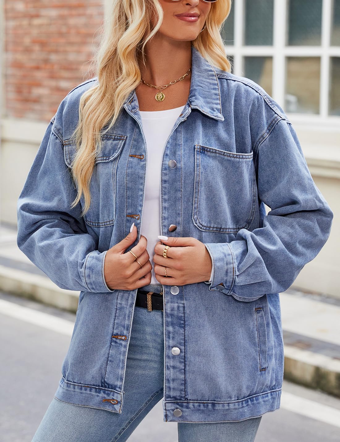 Damen Retro Casual Denim Jacke Oversized Knopf Oben Langarm Lose Revers Gewaschene Denim Shacket Mantel