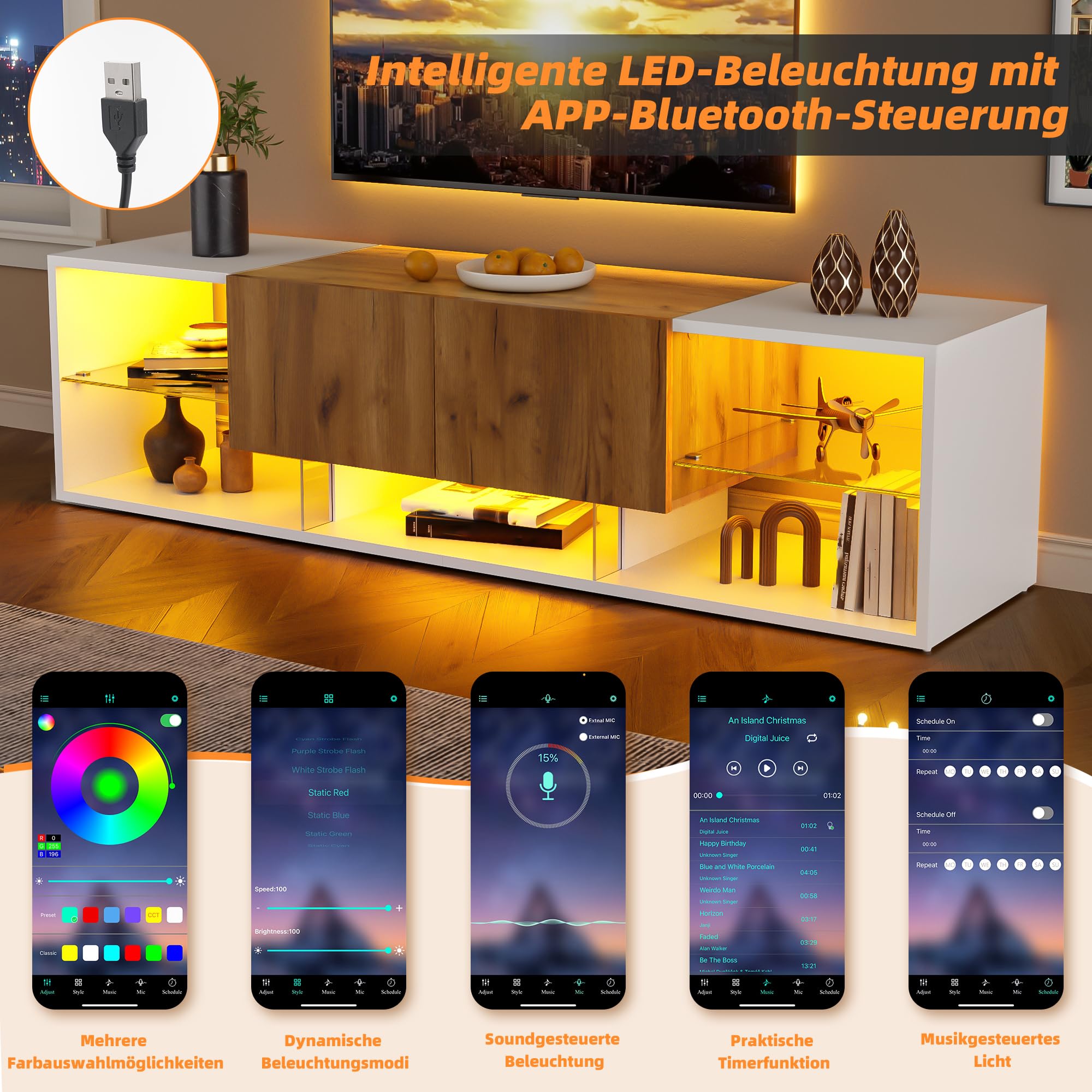 Meuble TV avec éclairage LED 2 tiroirs Rangement Ouvert Commode TV pour téléviseurs Jusqu’à 70 Pouces pour Salon Chambre à Coucher Table TV Blanc