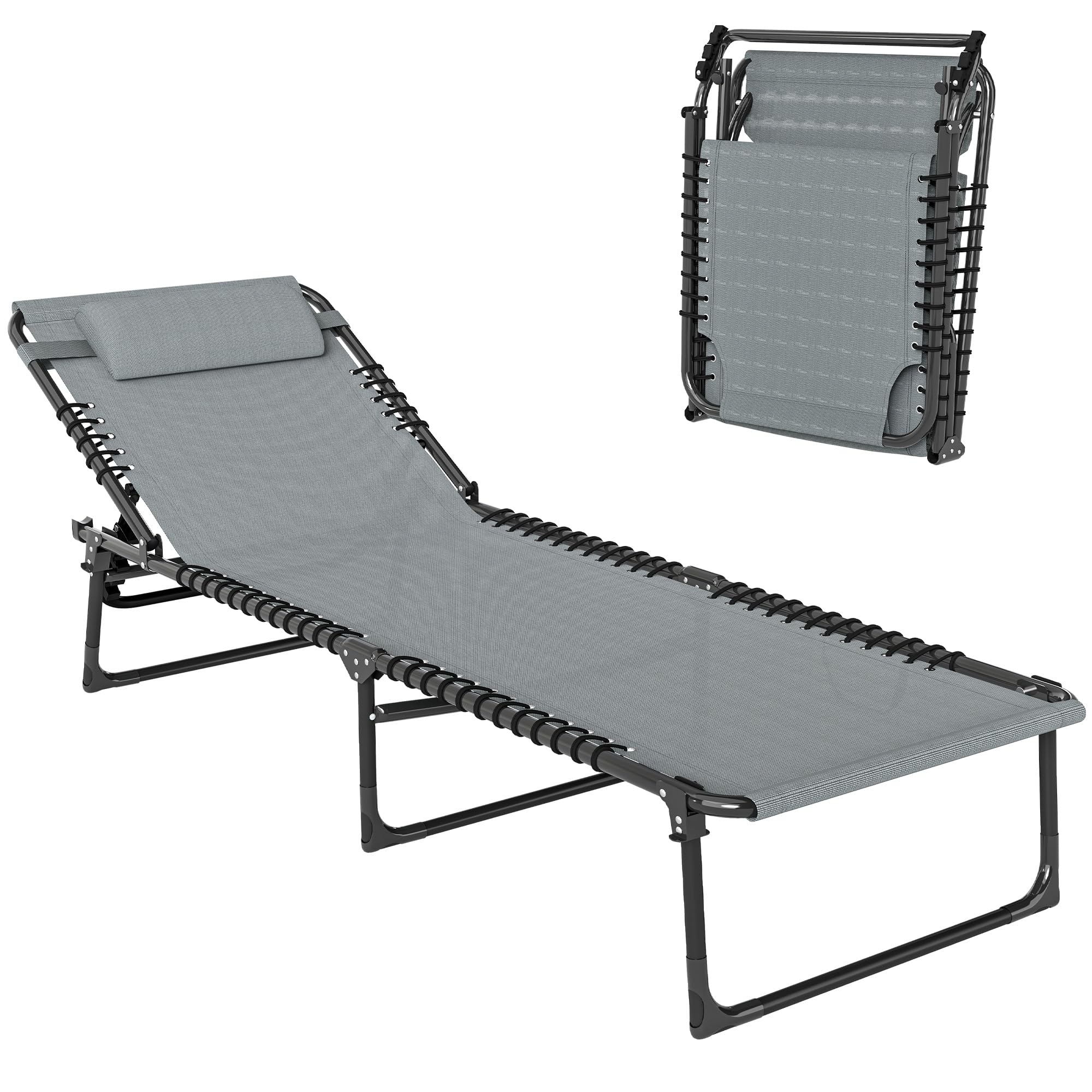 Outsunny Foldable Sun Lounger, Outdoor 4 Level Adjustable Backrest Reclining Chaise Chair, Steel Frame Recliner Chair for Camping, Hiking, Light Grey
