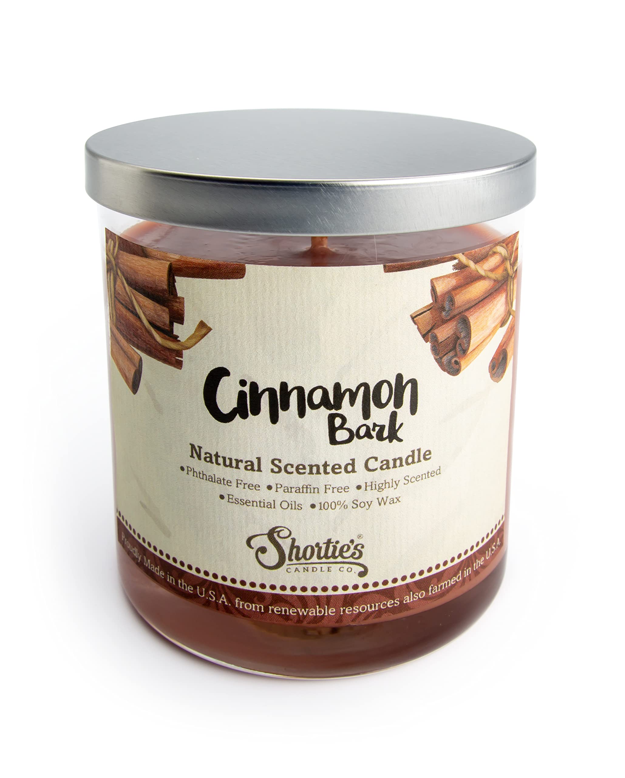 Cinnamon Bark Scented Natural Soy Candle, Essential Fragrance Oils, 100% Soy, Phthalate & Paraben Free, Clean Burning, 9 Oz.