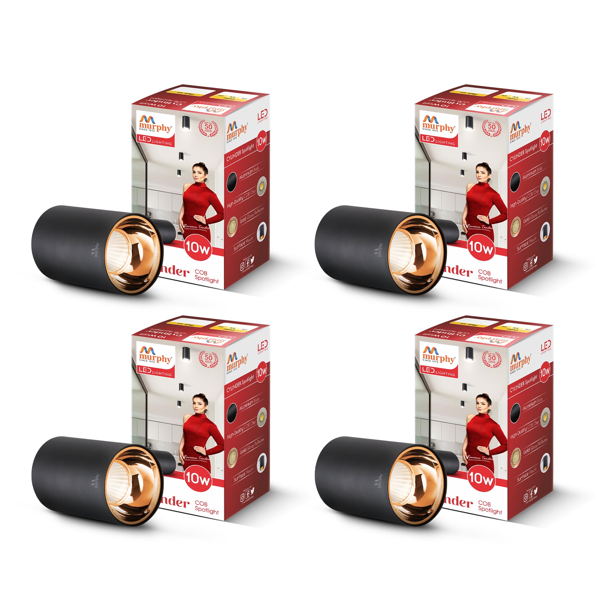 Murphy Aluminium 10W Black Body Cylindrical Surface Mounted Spot Light Down Light (Natural White, Pack of 4)