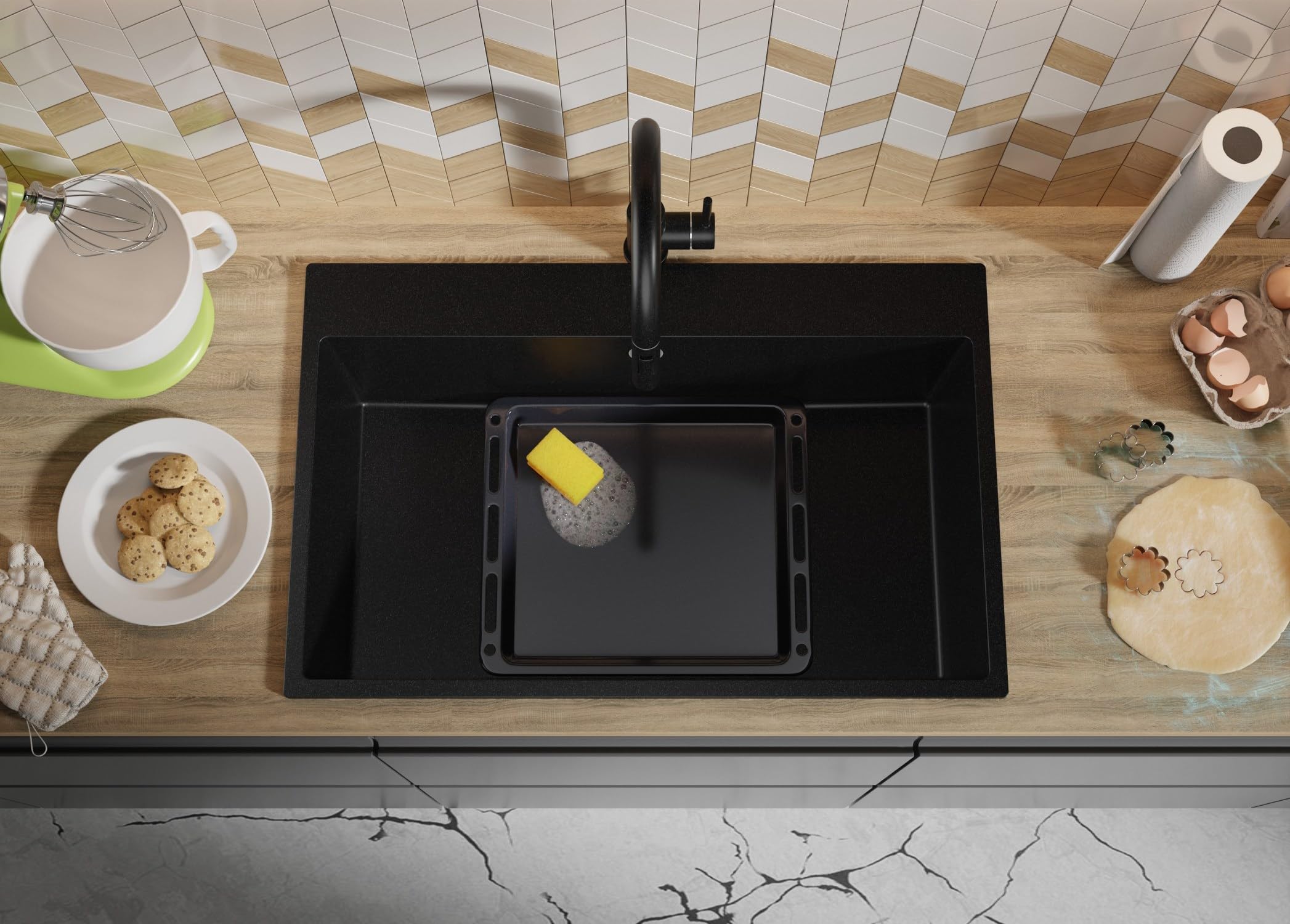 PRIMAGRAN Fregadero Cocina Todo Negro - Riga, 78x50cm | Granito 1 Seno + Sifón, sobre Encimera al Mueble 80cm (S401)