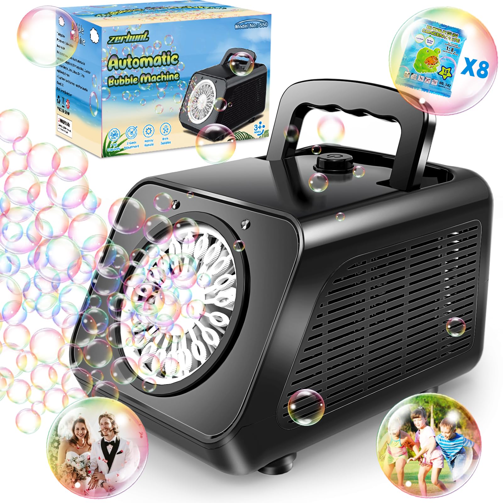 Zerhunt Automatic Bubble Machine for Parties: Portable & Dual-Speed Mode Bubble Maker - 20000+ Bubbles Per Min for Weddings Birthday Outdoor Fun -