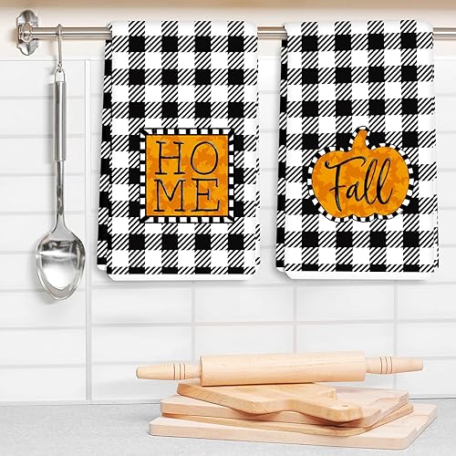 Miniatura 5 de AnyDesign Toalla de cocina de otoño de 18 x 28 pulgadas, diseño de búfalo a cuadros de calabaza otoñal, paño de cocina rústico decorativo para