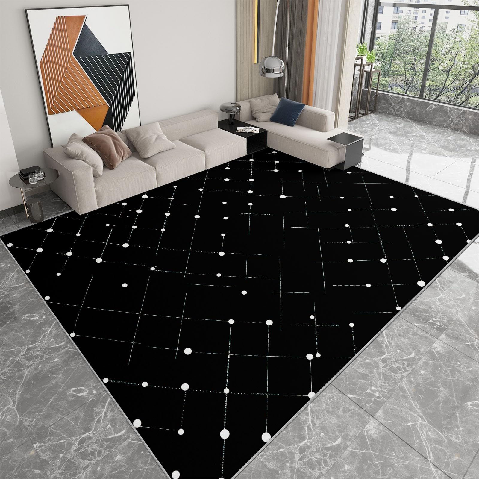 Minimalizm dywan z diamentami, 120 x 160 cm, nadaje się do prania, dywan do salonu, na balkon, taras, płasko tkany, miękki, odporny na zabrudzenia, do biura, mieszkania, czarny