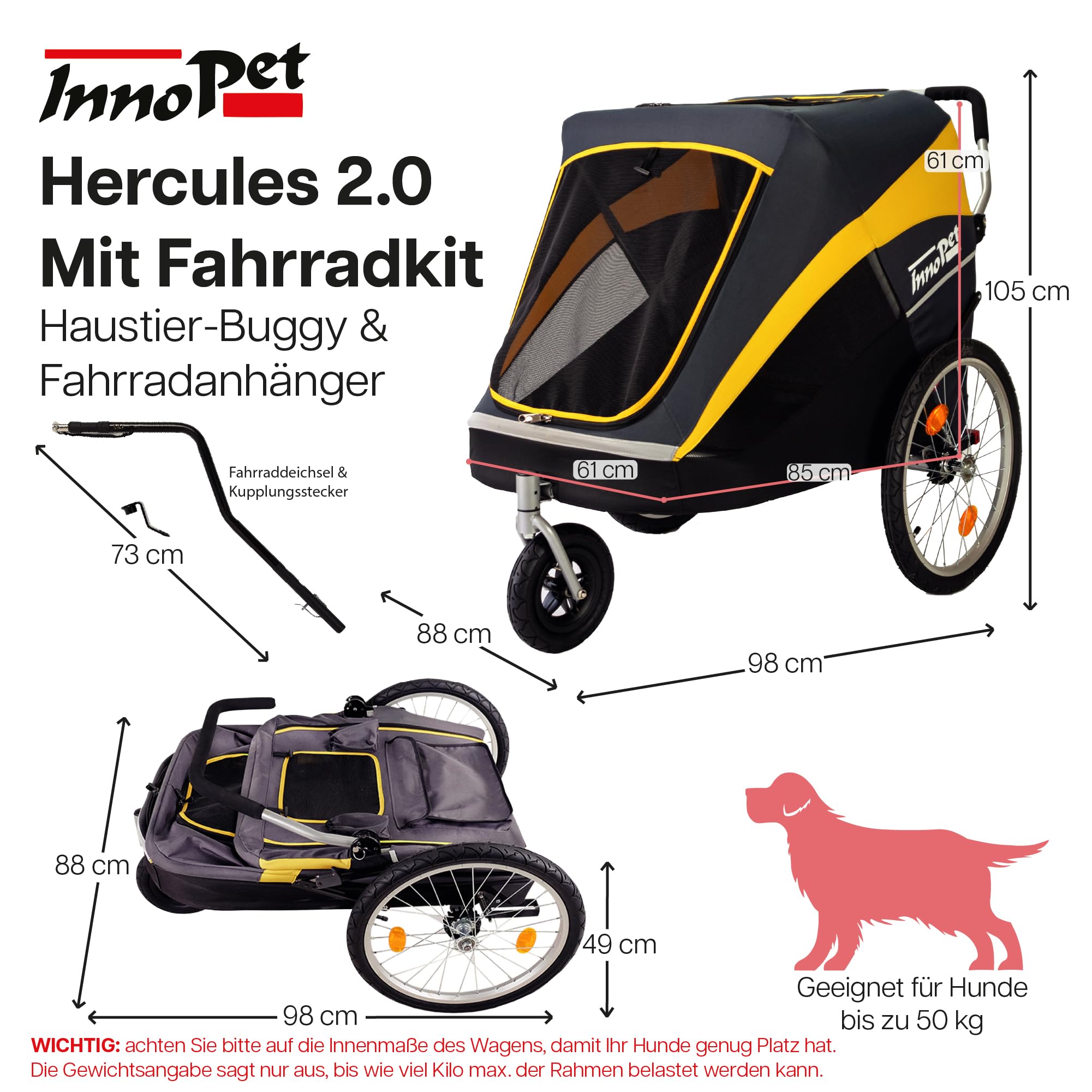 Großer Hundebuggy und Fahrradanhänger Trailer - Innopet Hercules Gelb/Grau - 2in1 mit Umbauset und Regenhaube - Leinen innen - Hundewagen bis 50kg belastbar - 45cm große hintere Luftreifen