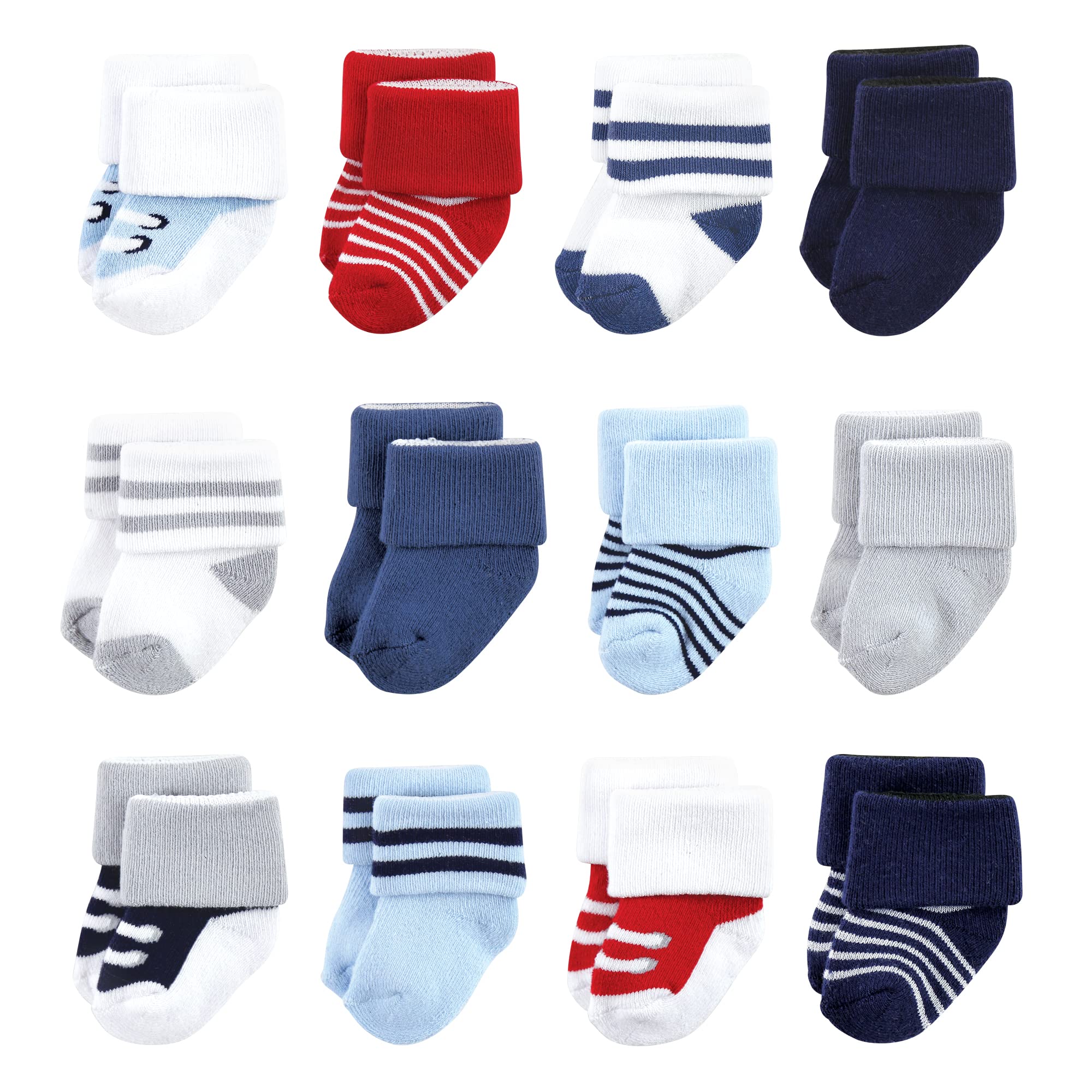 Luvable Friends Unisex Baby Marineblau, 12 Stück, Neugeborene Frotteesocken, Rot, 0-6 Monate, Red Navy Sneakers 12er-Pack