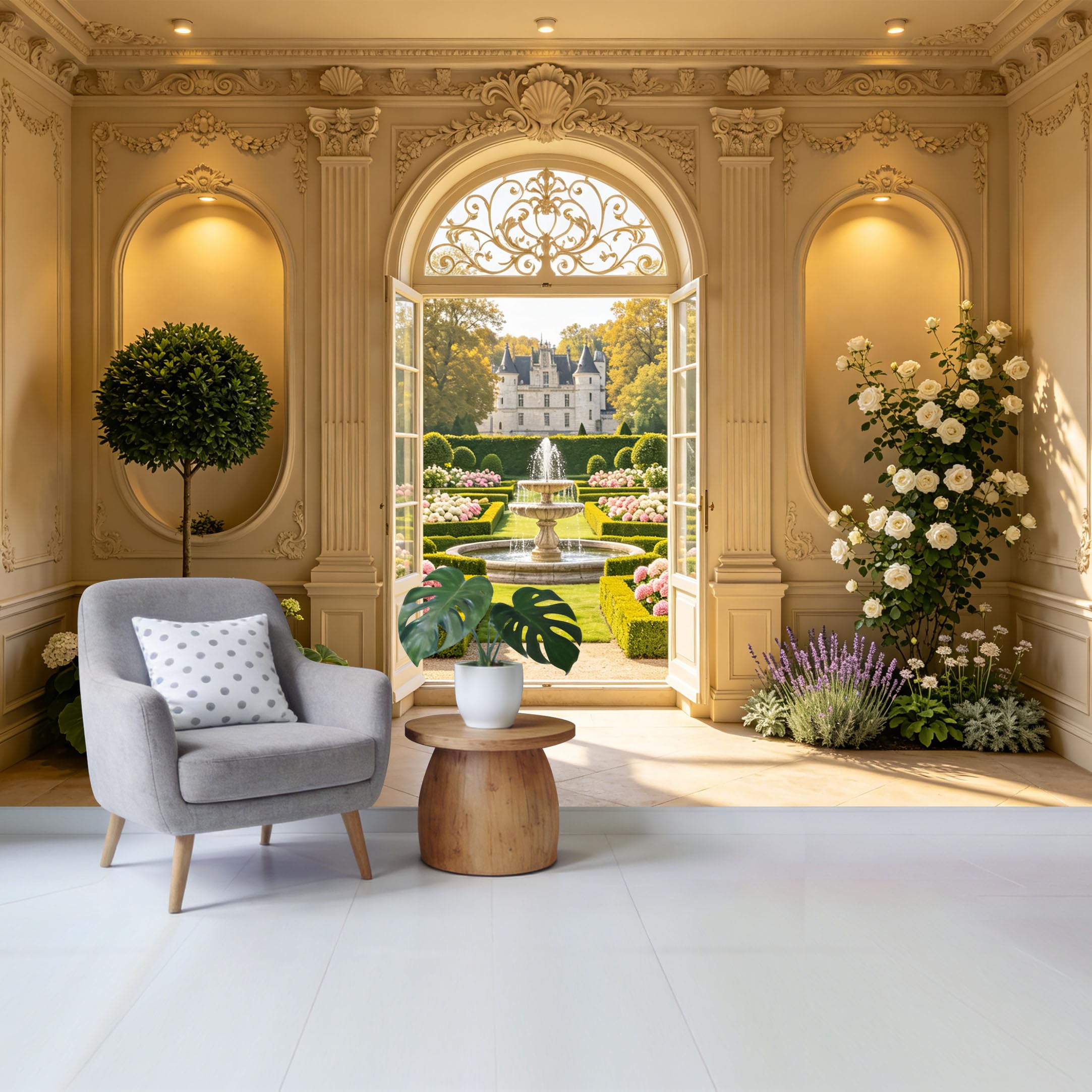 Custom Size Wall Mural Elegant French Garden View with Fountain and Roses Neoclassical Removable Self Adhesive Fabric Home Wall Decor for Living Room Bedroom Bathroom