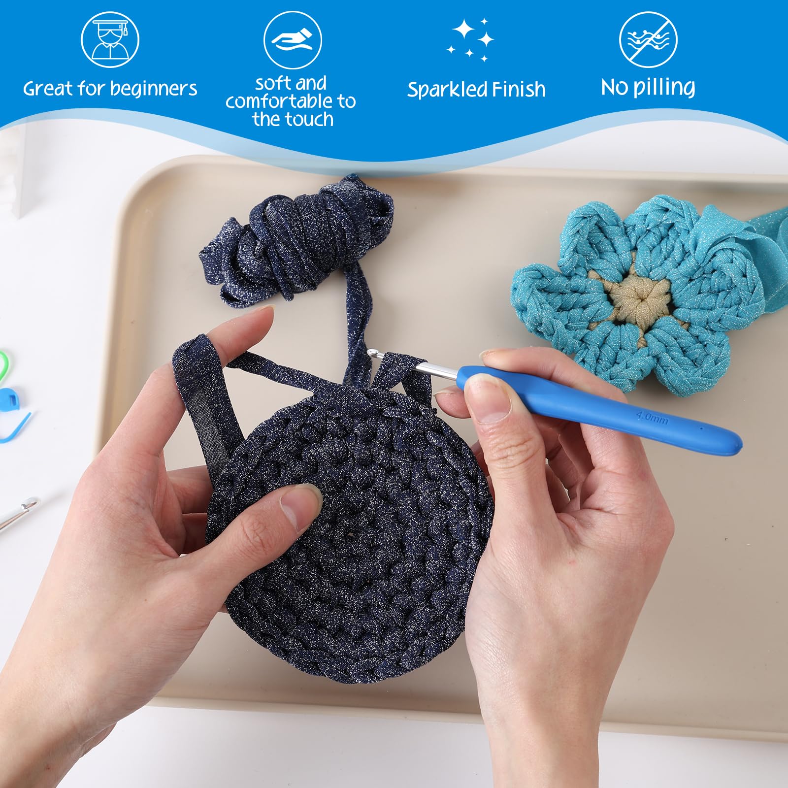 Sparkle Tshirt Yarn for Crochet,Dark Purple T Shirt Soft Elastic Fabric Thick T-Shirt Crochet Shining Glitter Sparkle Yarn for Crocheting Knitting Beginner Hand Knitting Bag/DIY Craft/Home Decor - 5