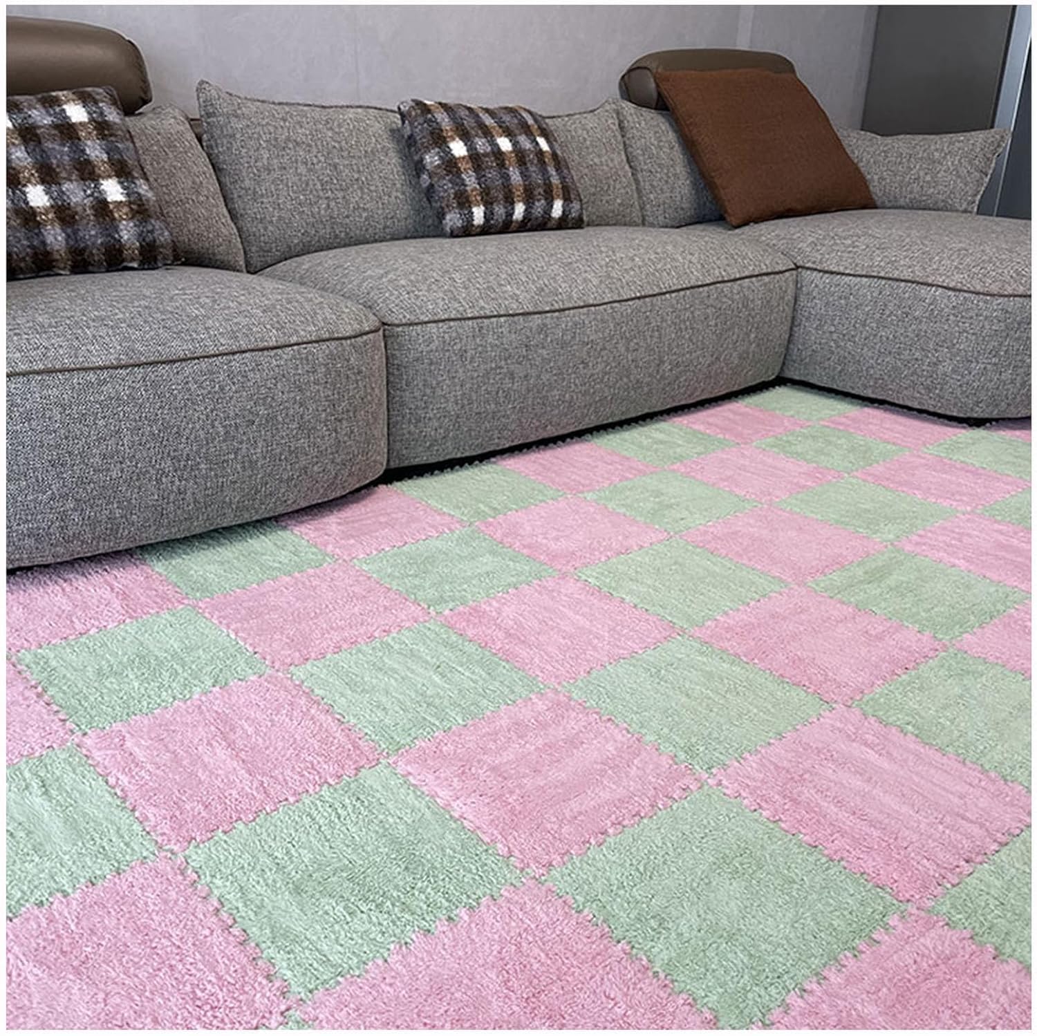LoiYtrd Plush Carpet Puzzle Mats For Floor Interlocking Foam Floor Mat 30x30cm Carpet Square Fluffy Foam Tiles(Pink+Green)