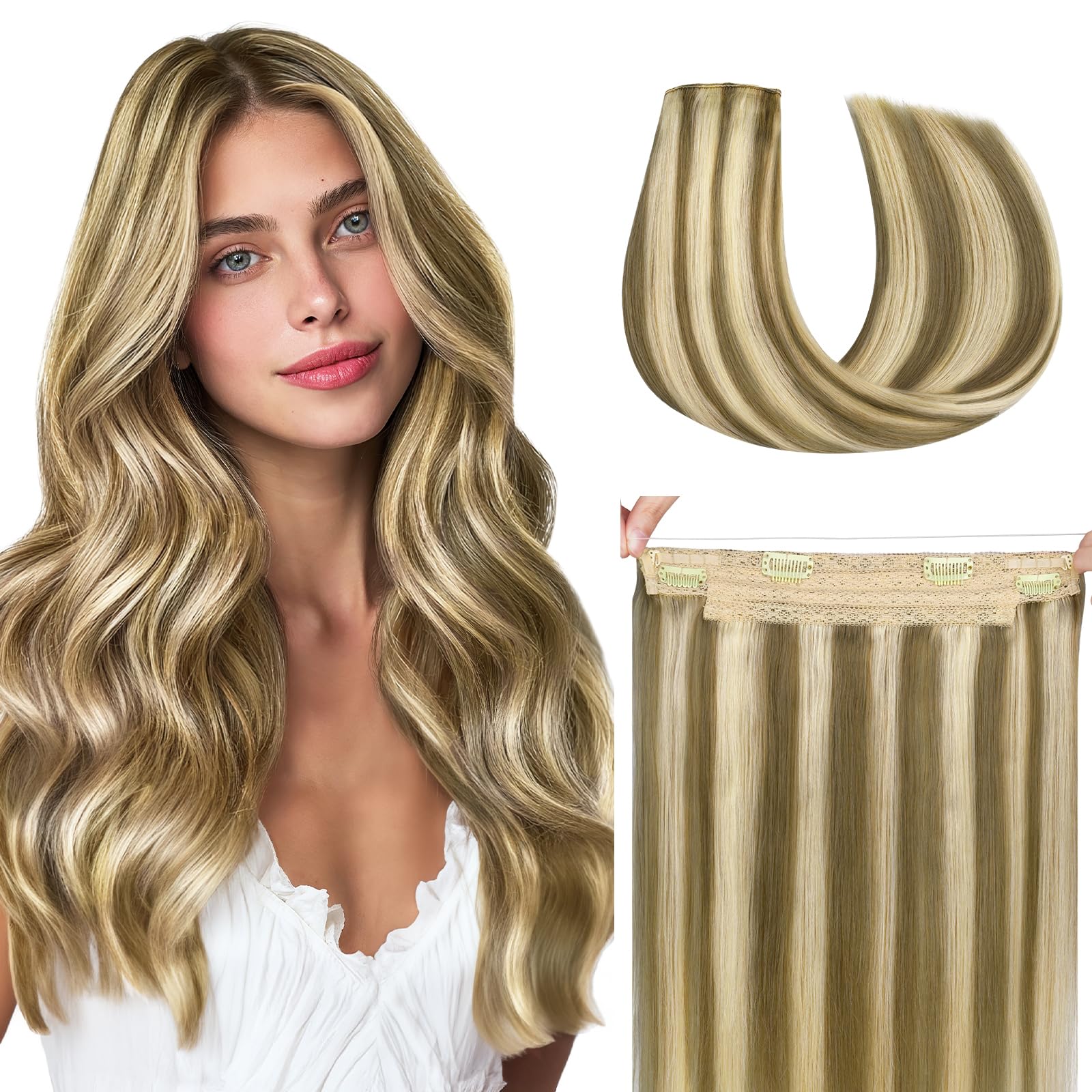 hotbanana Secret - Extension per capelli veri, 40 cm, 95 g, capelli Remy, con filo invisibile, filo segreto, extension per capelli veri, ciocche bionde dorate