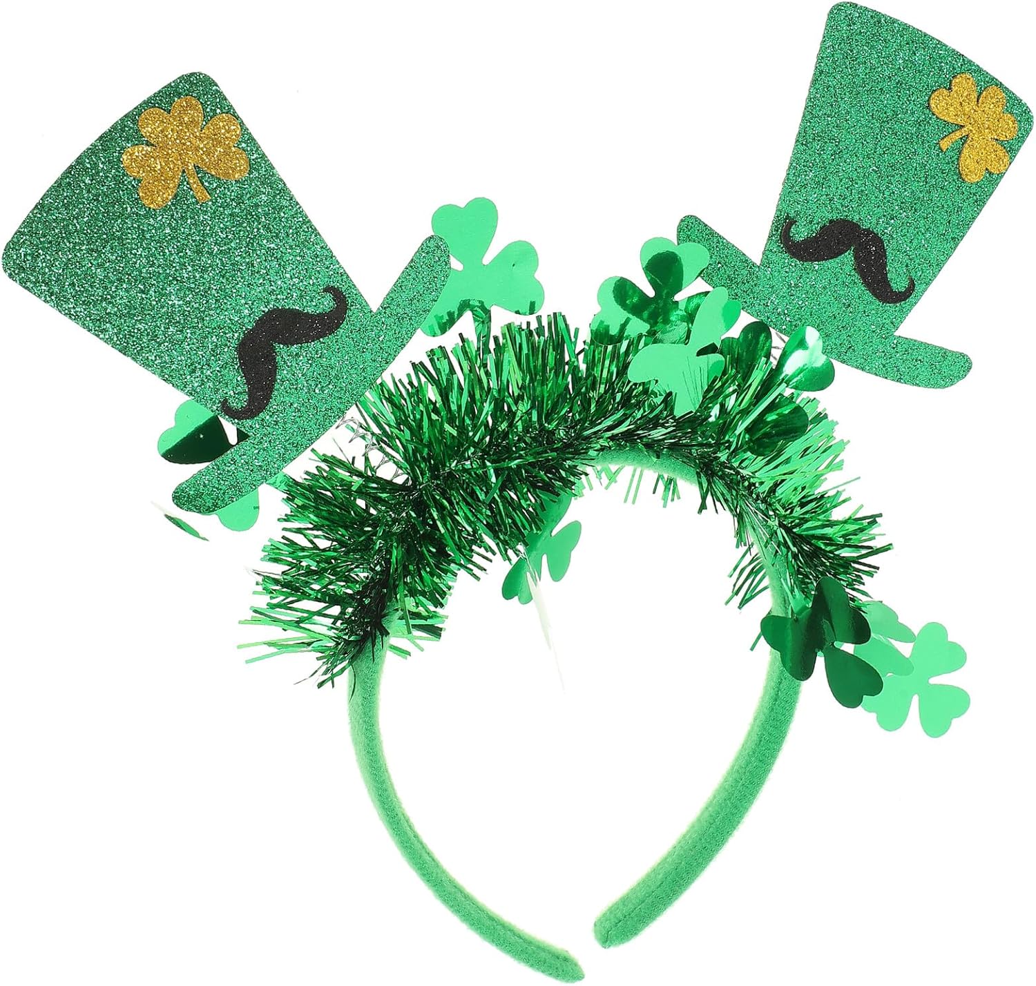 St Patrick’s Day Top Hat Headband with Black Mustache, Shamrock Hair Hoop for Women, Irish Festival Hair Accessory for Party and Celebration