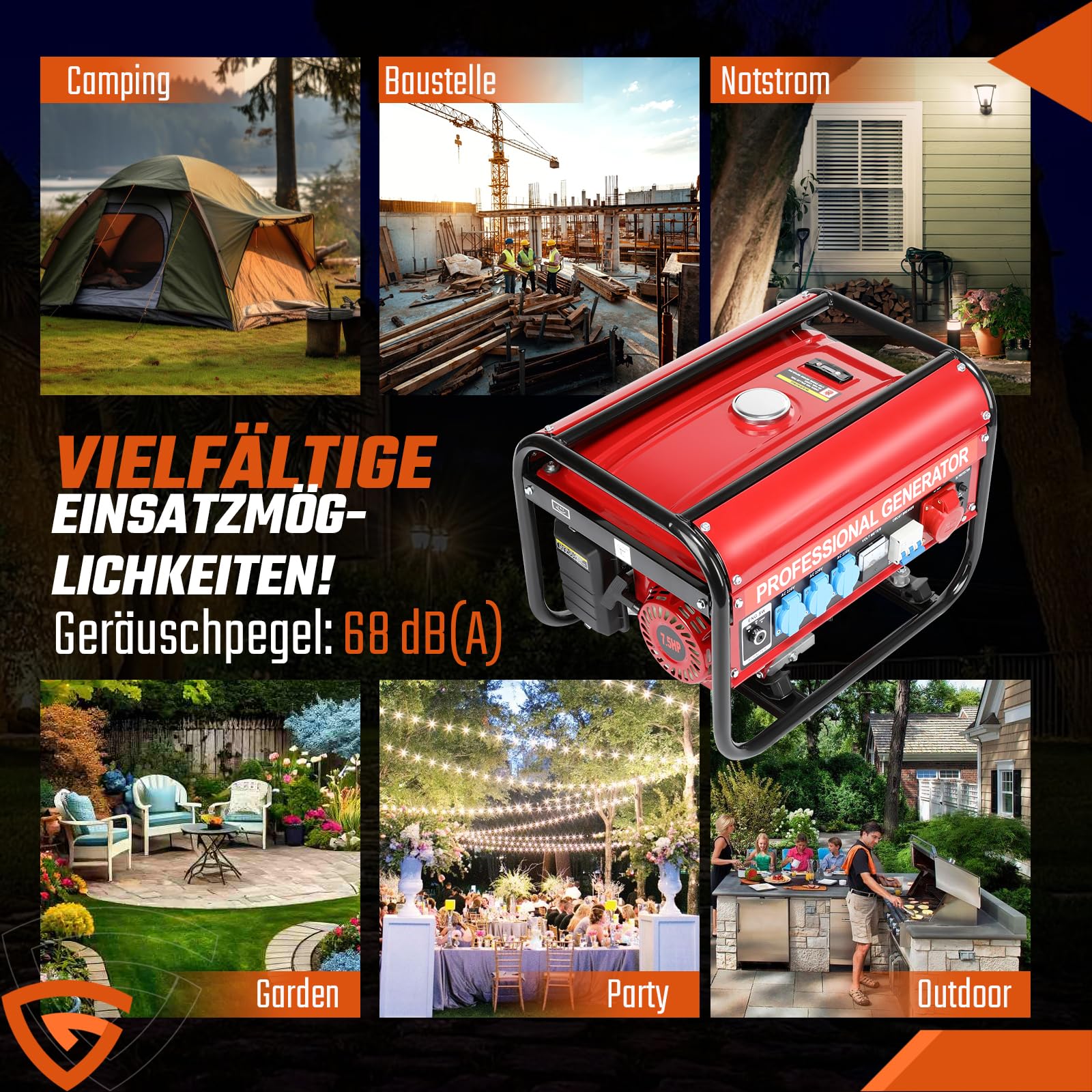 Benzin Notstromaggregat 6500W Max 3000W Dauerleistung, 7,5 PS Stromgenerator mit 4-Takt OHV-Motor AVR-Spannungsregelung 5 Steckdosen 3x 230V, 1x 400V und 1x 12V, für Baustelle, Werkstatt und Garage