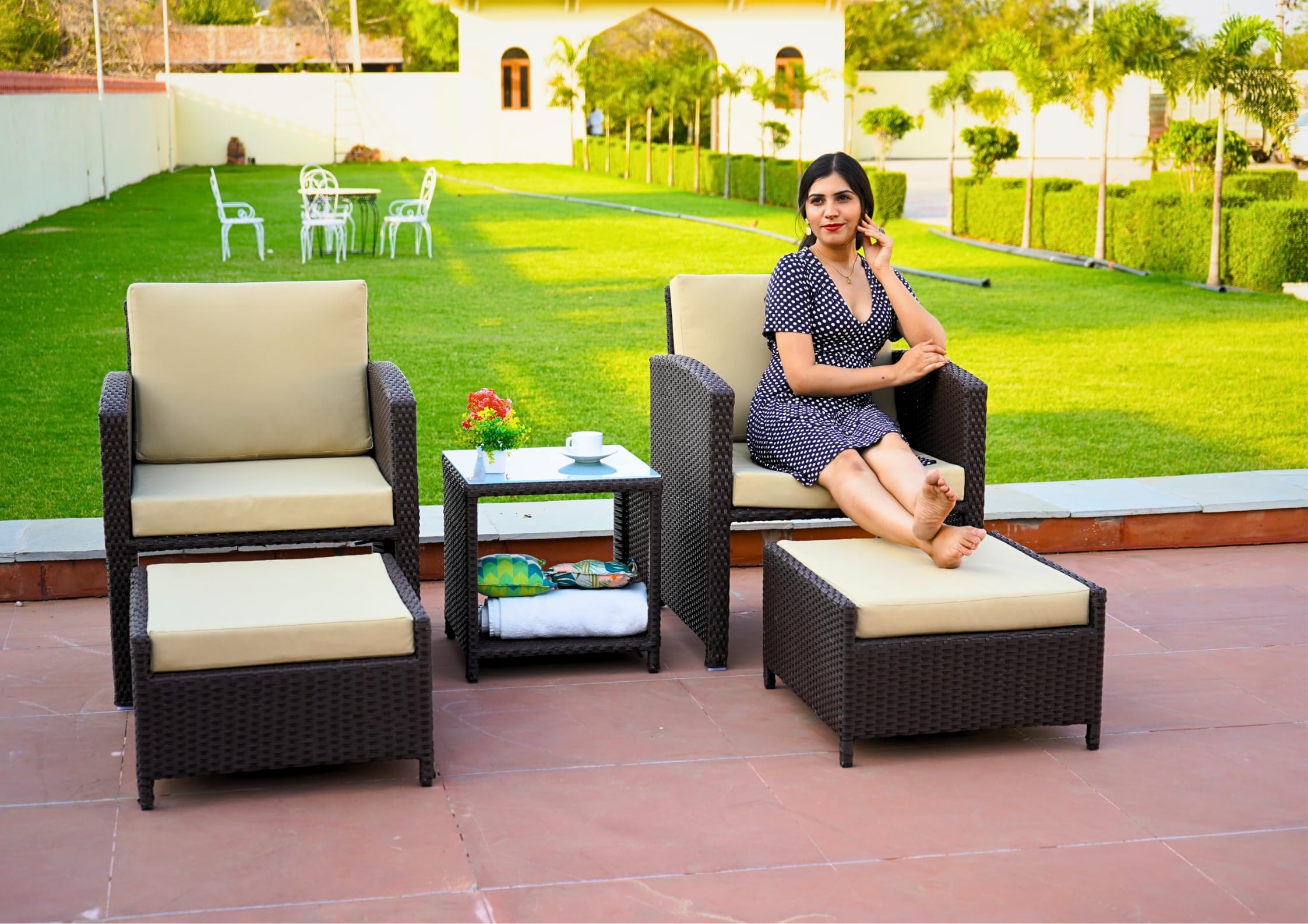 DEVOKO Outdoor 5 Piece All Weather Rattan Wicker Patio Sofa Set with Water Resistant Cushioned Chairs with Glass Top Table & Ottomans for Garden, Pool, Porch, Backyard (Dark Brown & Cream)